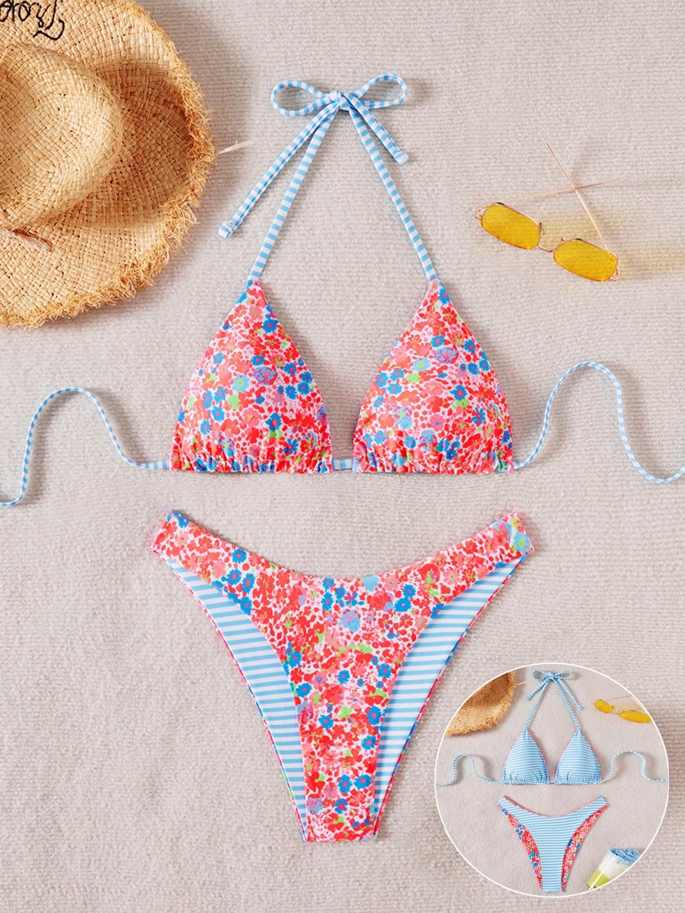 Swim Mod 2pcs/Set Women Holiday Vacation Beach Random Print Reversible Halter Top And Adorable Shorts Bikini Set For Summer
