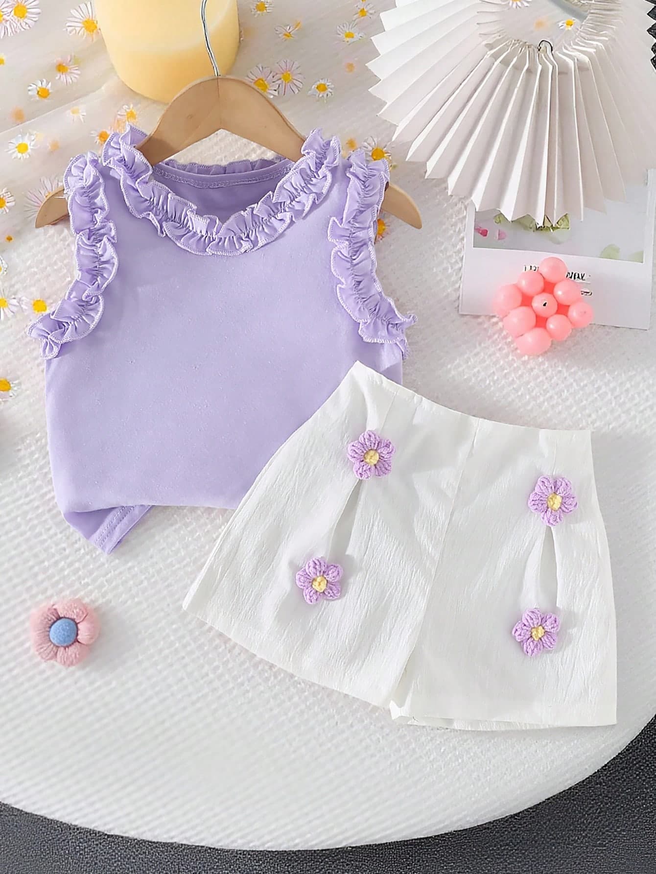 Genkimix Kids 2pcs/Set Toddler Girls' Cute Purple Ruffled Trim Knit Camisole Top With Woven Shorts,Elegant Summer Birthday Outfit For Party,Wedding & Vacation