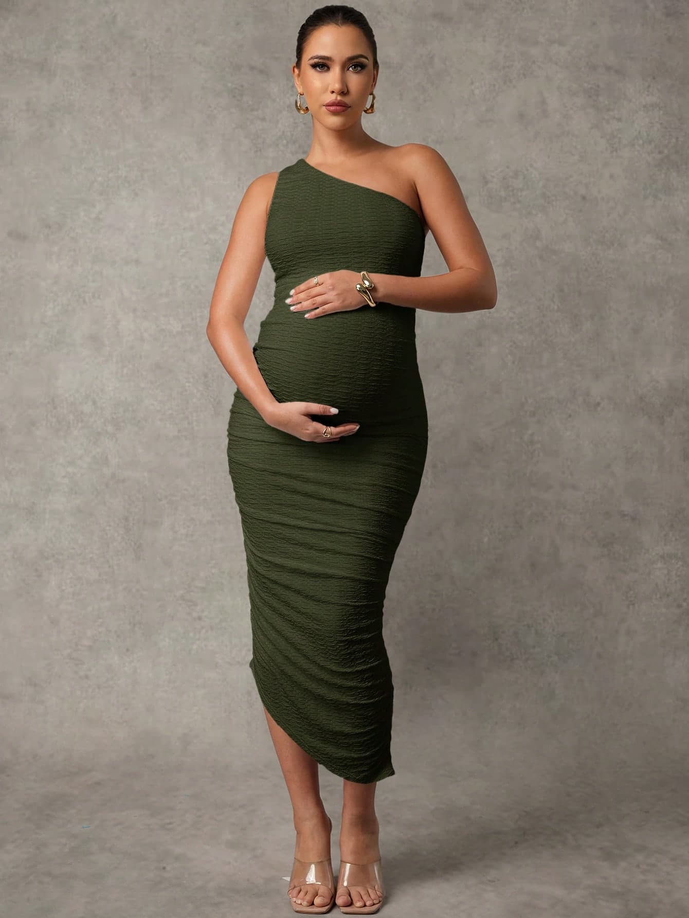 MaterniChic Pregnant Women Solid Color Sleeveless Ruffle Trim Fitted Dress