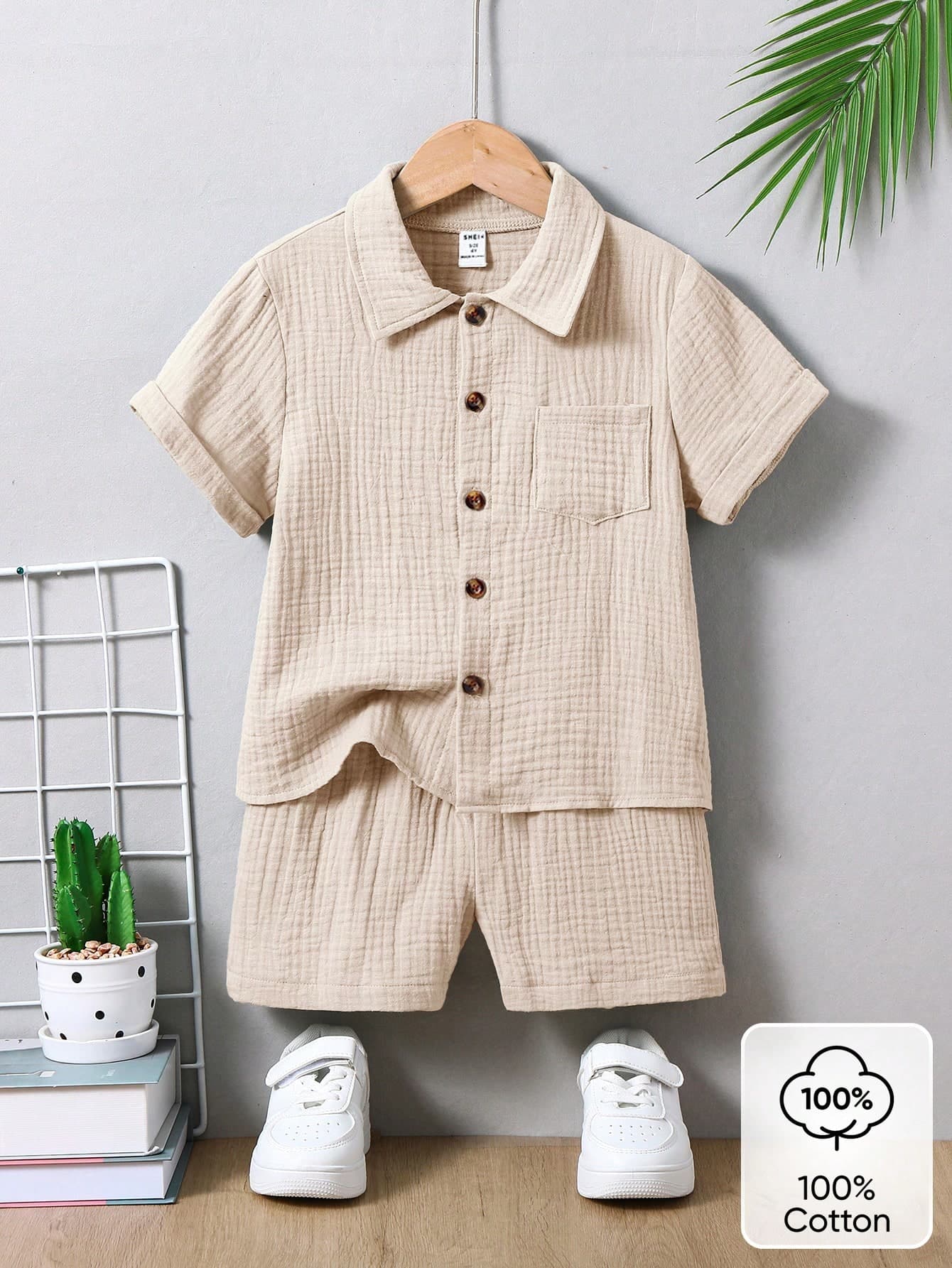 SHEIN 2pcs/Set Young Boy Casual Cotton Raglan Short Sleeve Shirt And Shorts,Summer Family Matching Outfit For School,Holiday,Travel,Sunbathing,Spring/Summer
