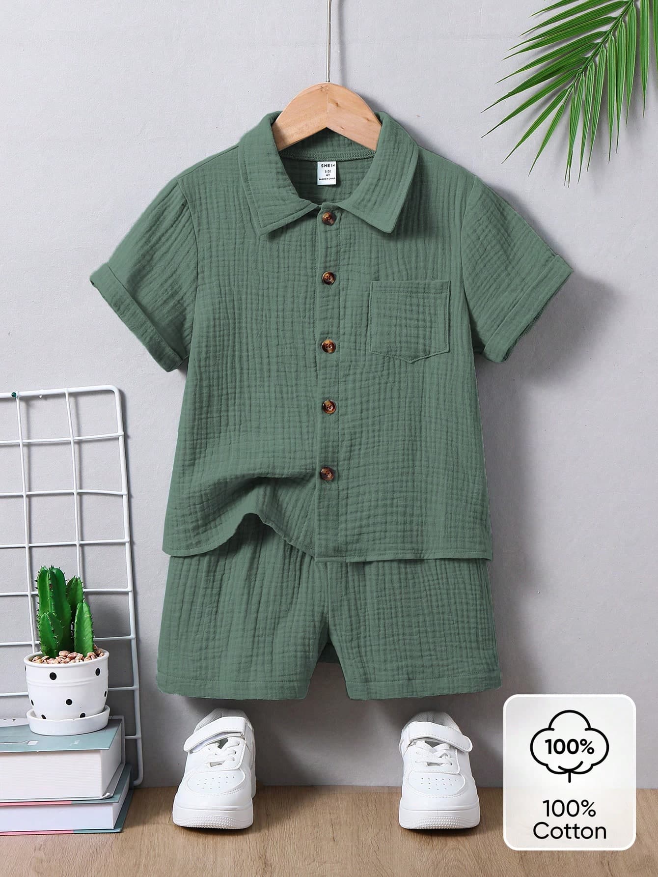 SHEIN Mirajuku 2pcs Set Young Boy Casual Minimalist Collegiate 100% Cotton Short Sleeve Shirt And Shorts,Suitable For Daily Wear,School,Holiday,Travel,Summer Outfits