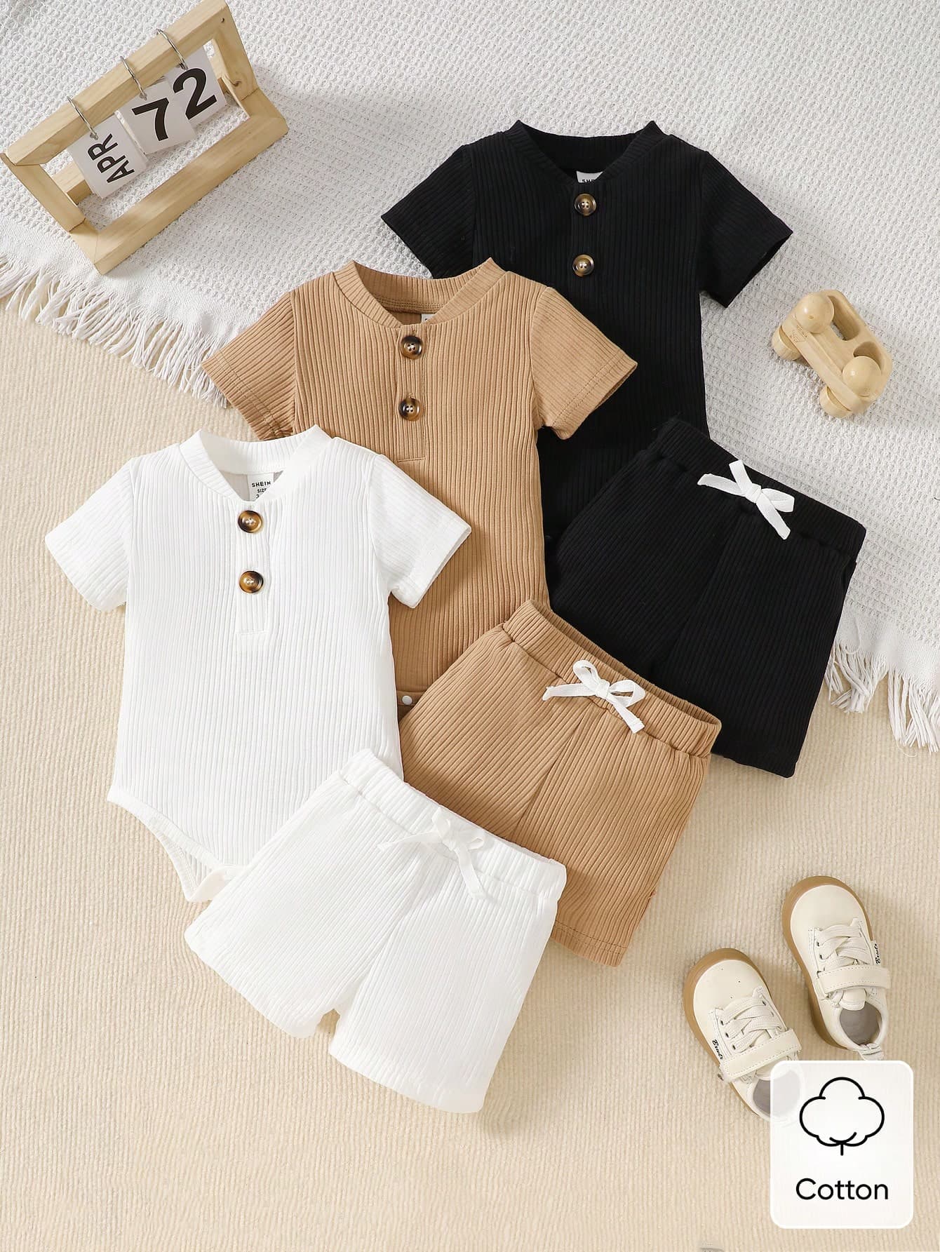 SHEIN Baby Boy 3-Color Short Sleeve Bodysuit & Shorts Set Minimalist Black And White Khaki Ribbed Summer Casual Vacation Outfit Loose Fit Spring