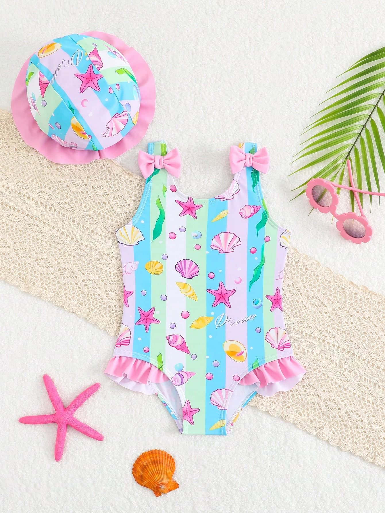 SHEIN Baby Girl Starfish Printed Ruffled One-Piece Beach Swimsuit Set, Holiday Bathing Suit For Infant Baby Girl Swimming Suits With Bow Detail