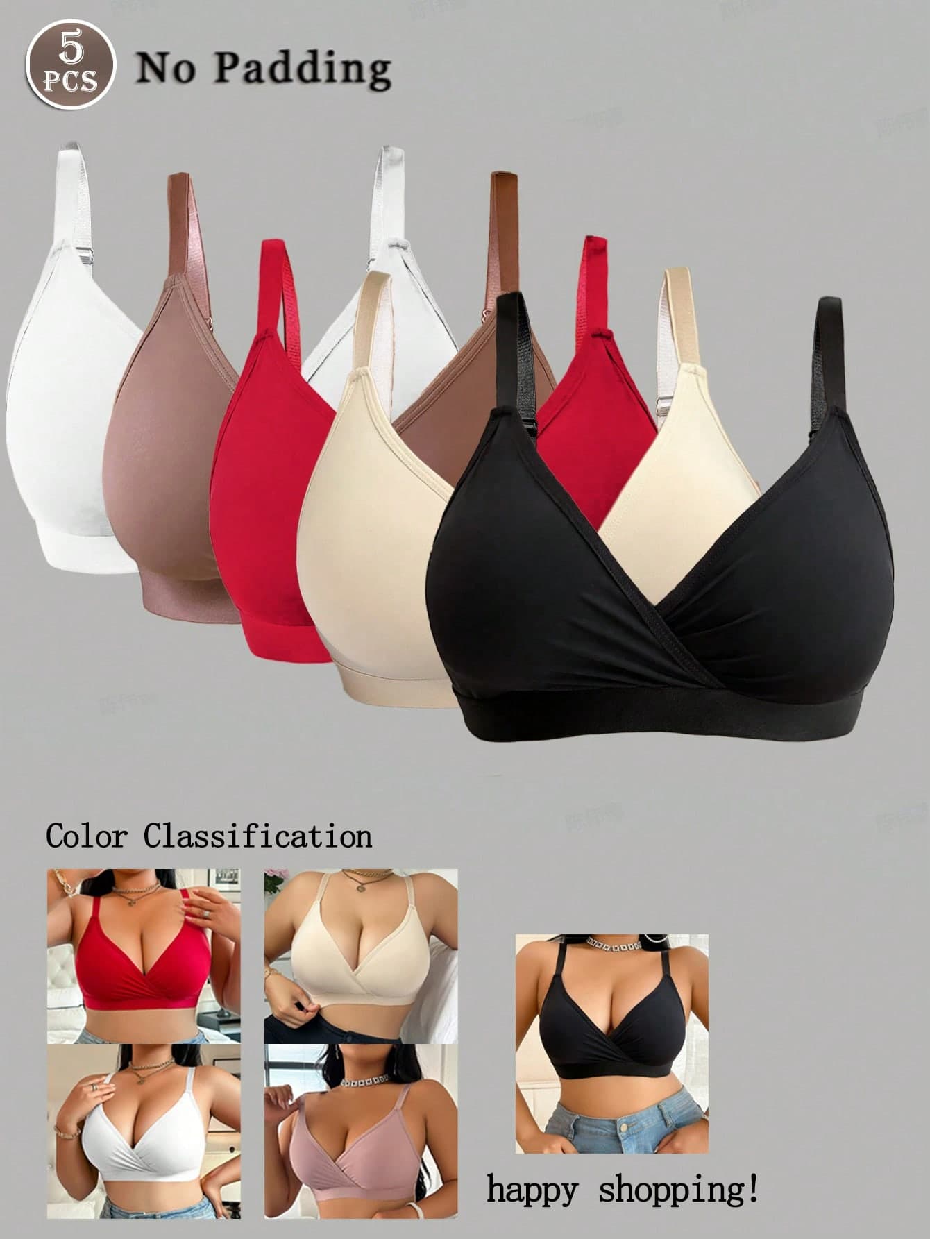 SHEIN 5pcs/Pack Plus Size Wireless Bras, No Cup Frame Design
