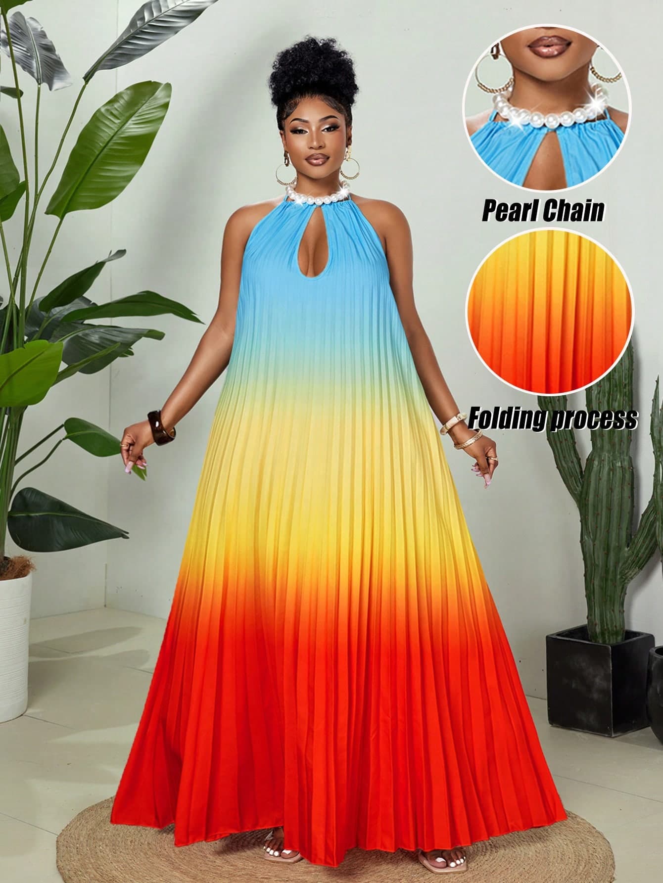 Maweii Women Plus Size Yellow Summer Tropical Party Holiday Elegant Resort Asymmetric Colorblock Printed Dress,Pearl Decor Halter Neck Pleat Fashion Fabric