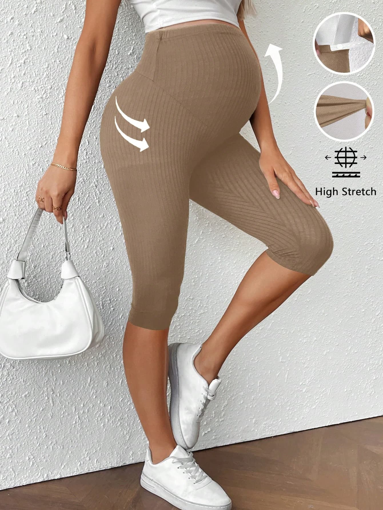 SHEIN Maternity Solid Ribbed Cropped Leggings,Maternity Clothes