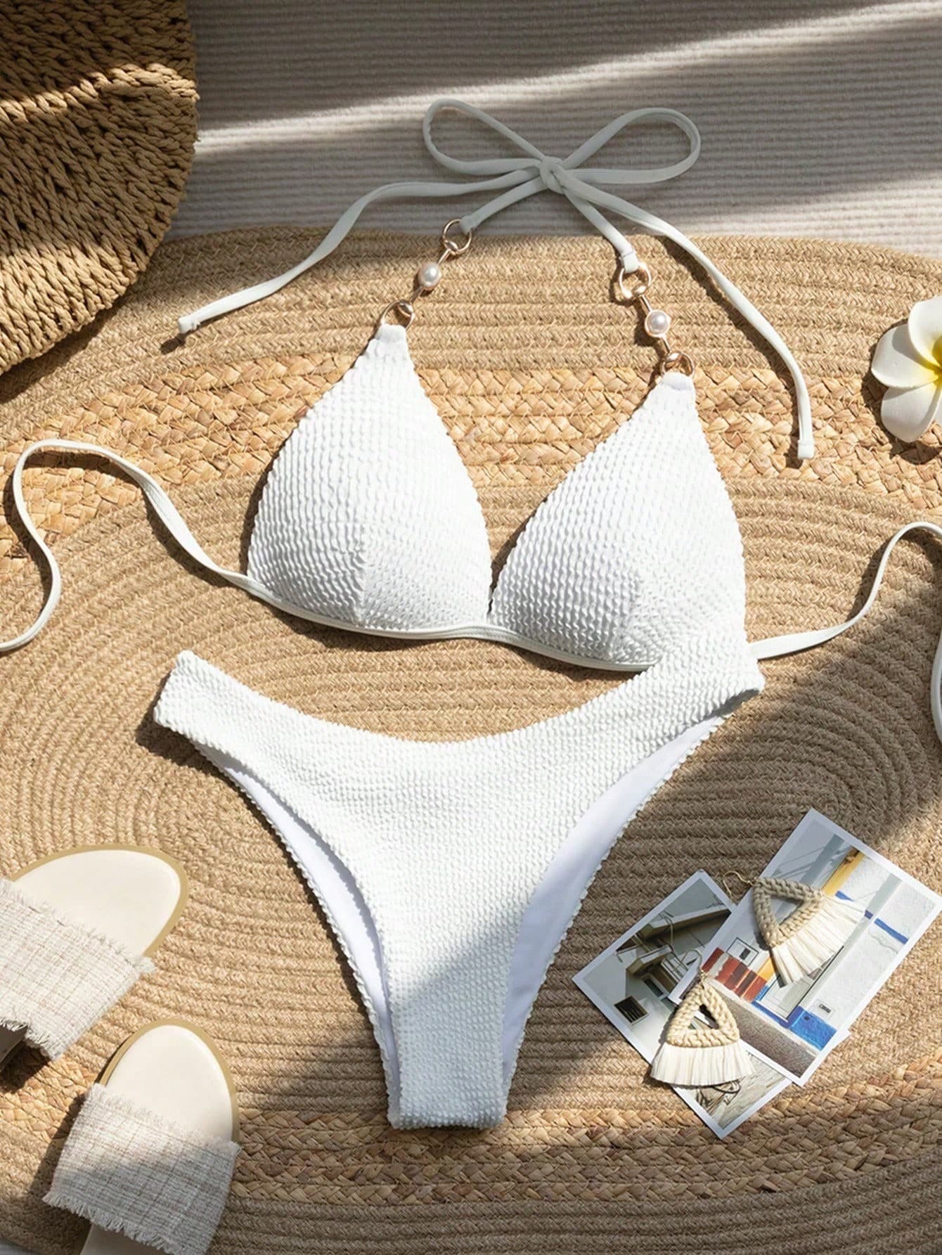 Swim Mod Summer Beach Chain Linked Halter Triangle Bikini Set