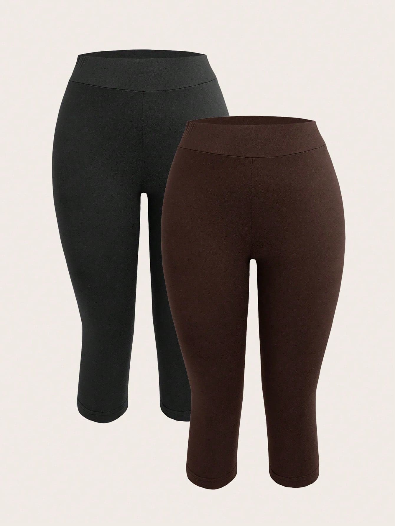 SHEIN EZwear 2 Set 2 Pairs Women 3/4 Length Tight Casual Leggings, Black & Brown, Suitable For Summer,Fall Women Clothes Suitable For Going Out Women's Sportswear