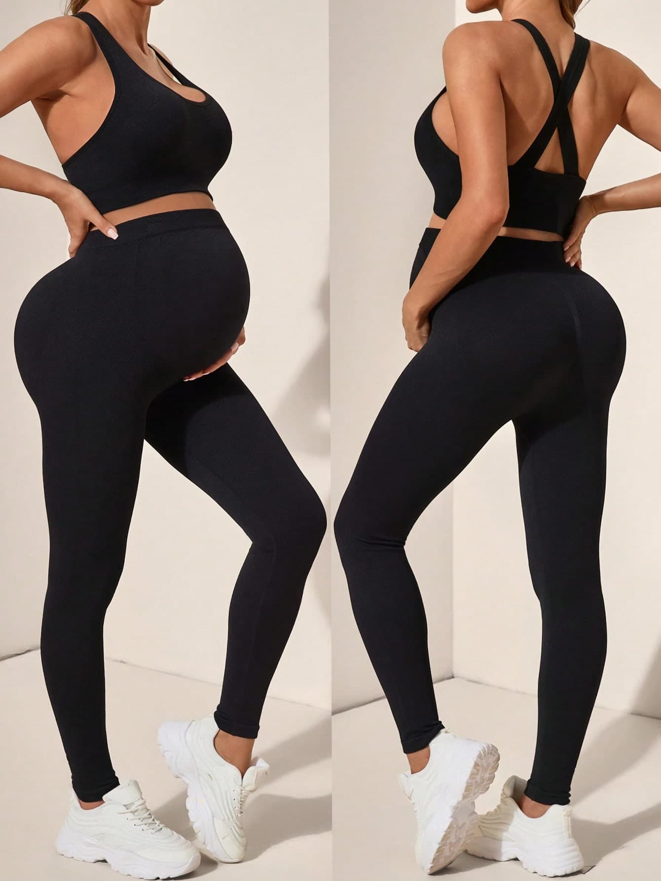 SHEIN Women's 2 Pieces Seamless Maternity Workout Set,Black Tank Top With High-Stretchy Super High Rise Belly Support Leggings,Summer Casual Gym Sportswear
