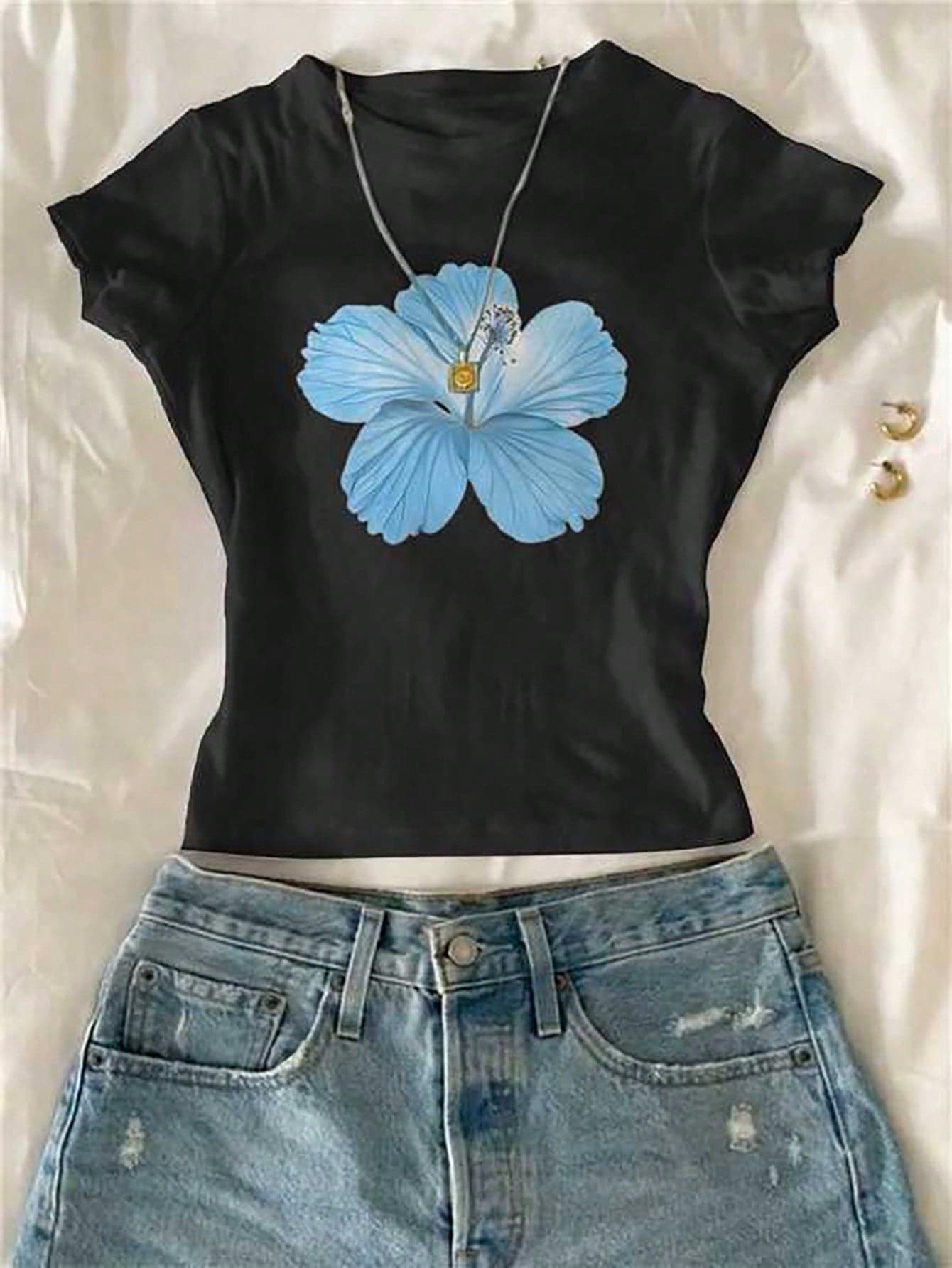 SHEIN Tween Girl Floral Print Crew Neck Short Sleeve T-Shirt, Summer