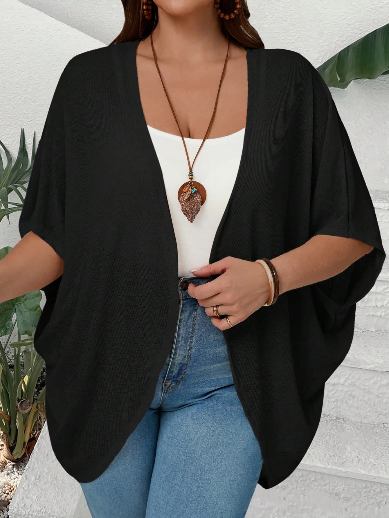EMERY ROSE Plus Size Women Solid Color Bat-Wing Sleeve Open Front Casual Jacket Fall Clothes,Autumn,Fall Cardigans Black Kimono Summer Cardigan