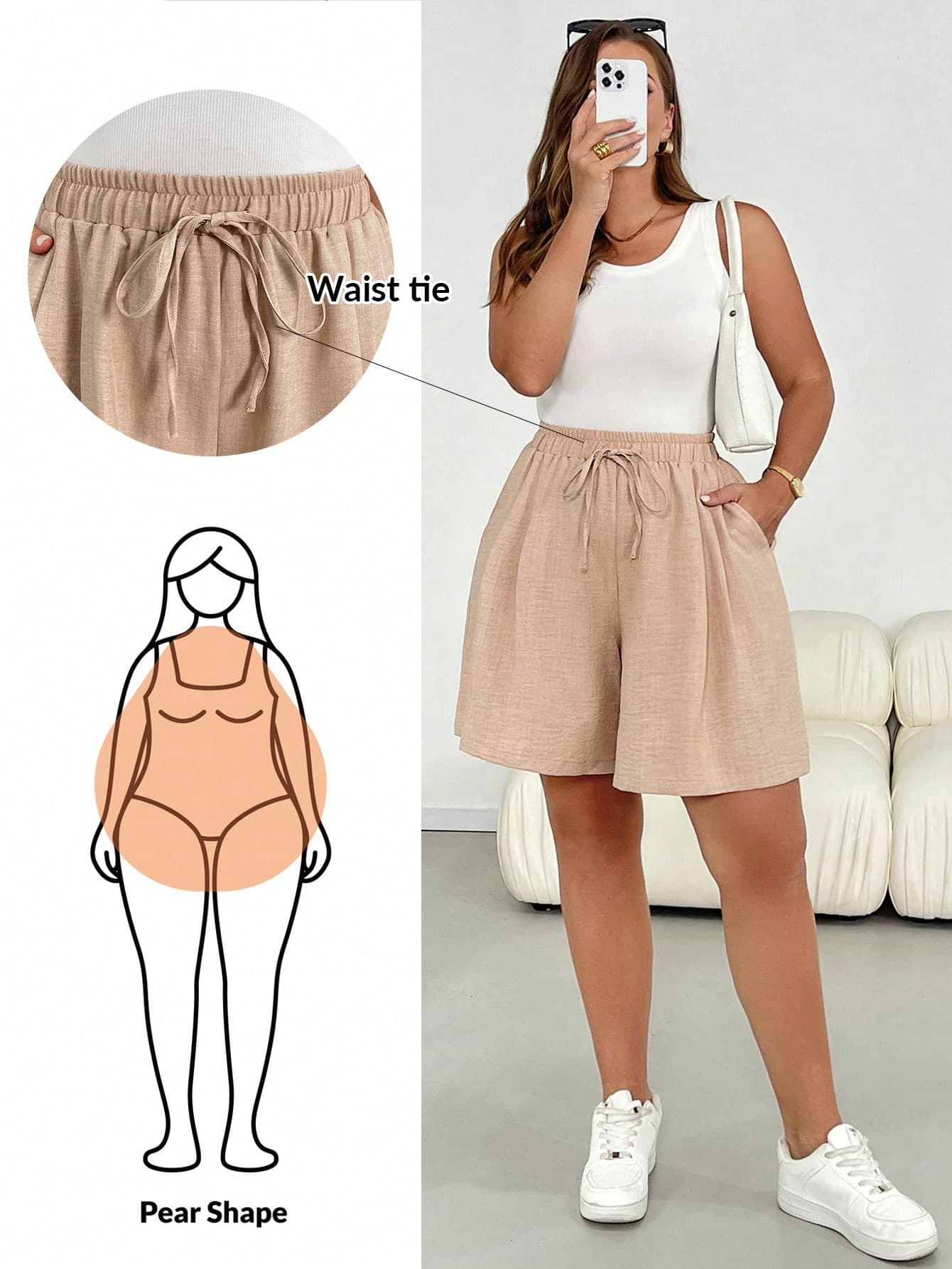 Shapeblank Plus Size Women Casual Everyday Sommar Khaki Shorts,Elastic Waist Tie Loose Flowy Bermuda Pants,Old Money Style Boho Vacation Comfortable Basic Daily