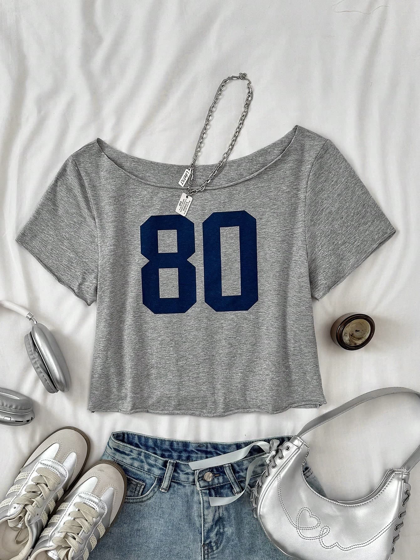 Teen Girl Casual Royal Grey Knitted Slogan Off-Shoulder Fitted Crop Top,Navy,Summer,Streetwear,Graduation,Back-To-School,Sports Fashion T Shirts