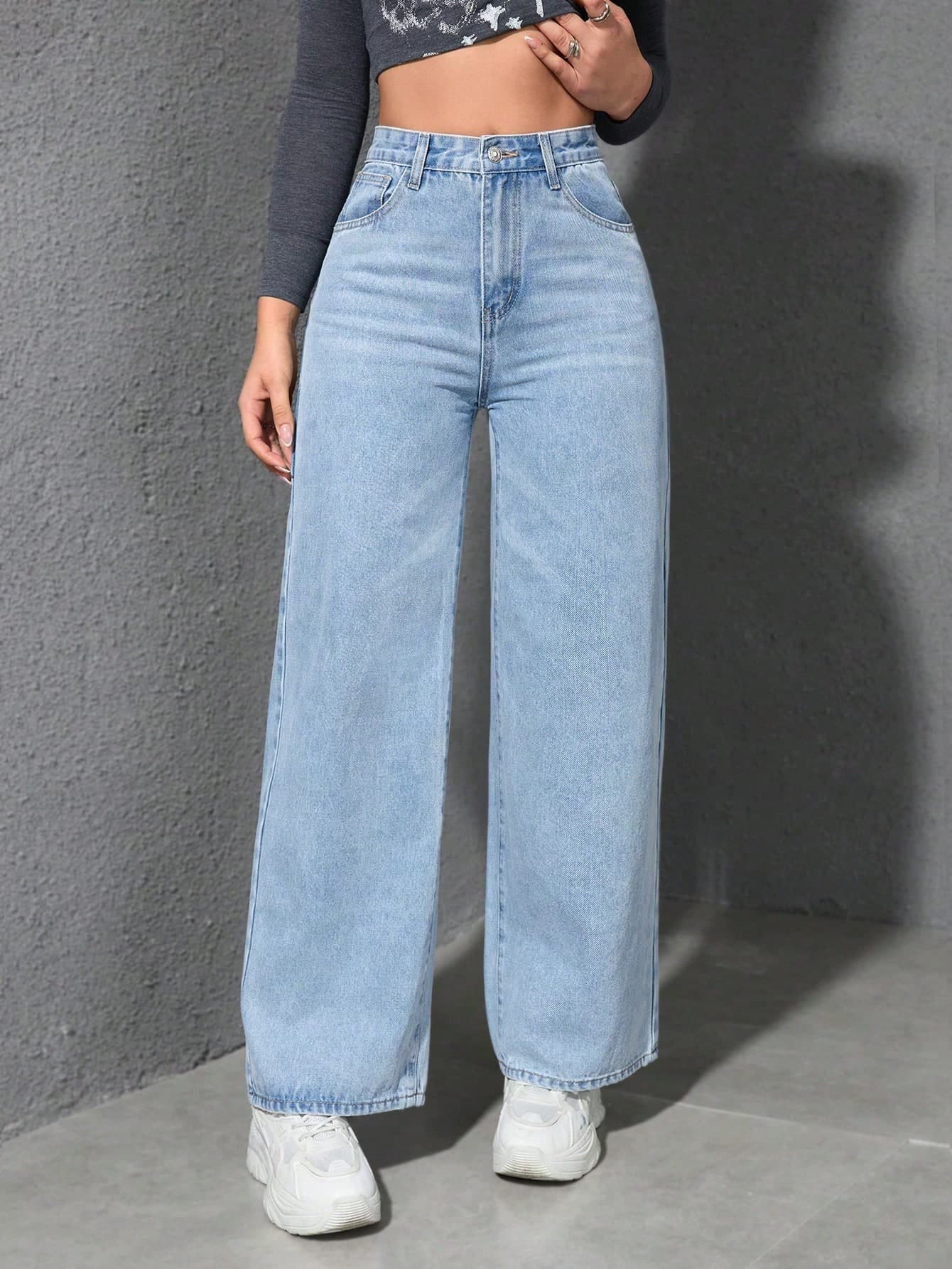 SHEIN EZwear Women's Pocketed Wide Leg Loose Casual Jeans Pants