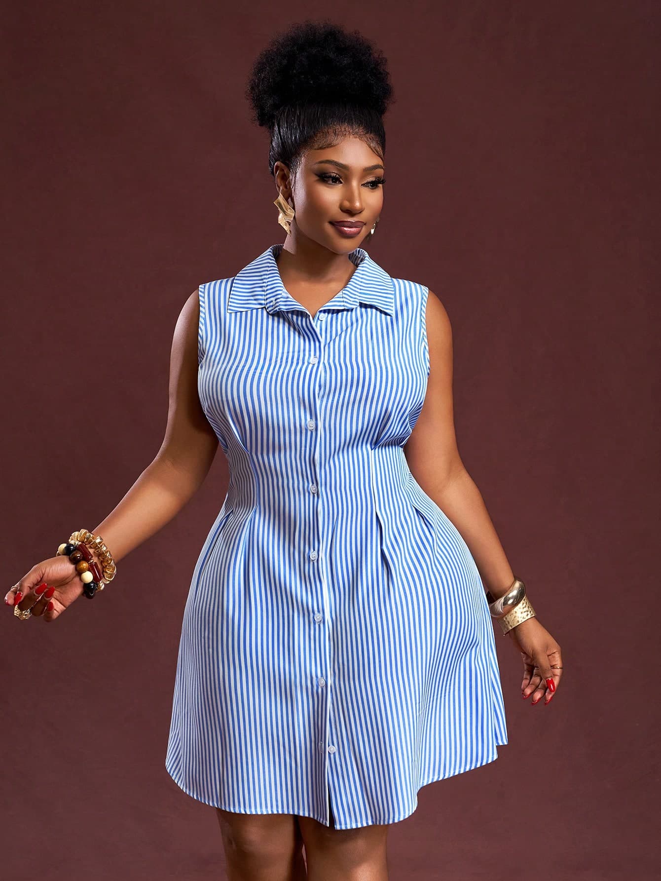 Veslaya Women Plus Size Blue And White Striped Dress,Summer Everyday Smart Casual Sleeveless Waist Cinched Shirt Dress,Elegant Office Business Commuter Outfit