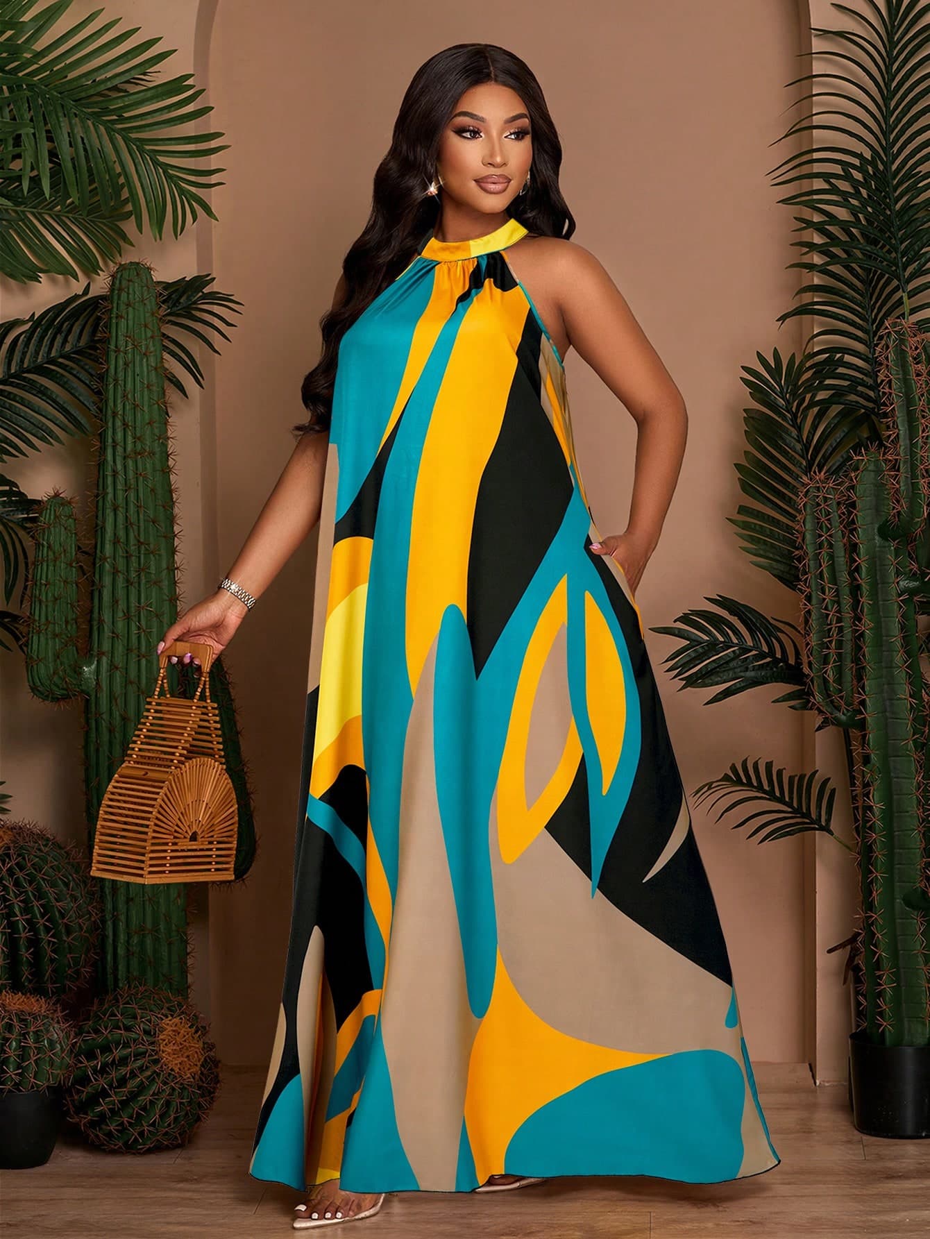 SOLERSUN Plus Size Women's Light Teal Boho Printed Sleeveless A-Line Long Dress,Summer Holiday Vacation Loose Casual Back Neck Tie Drawstring With Pockets