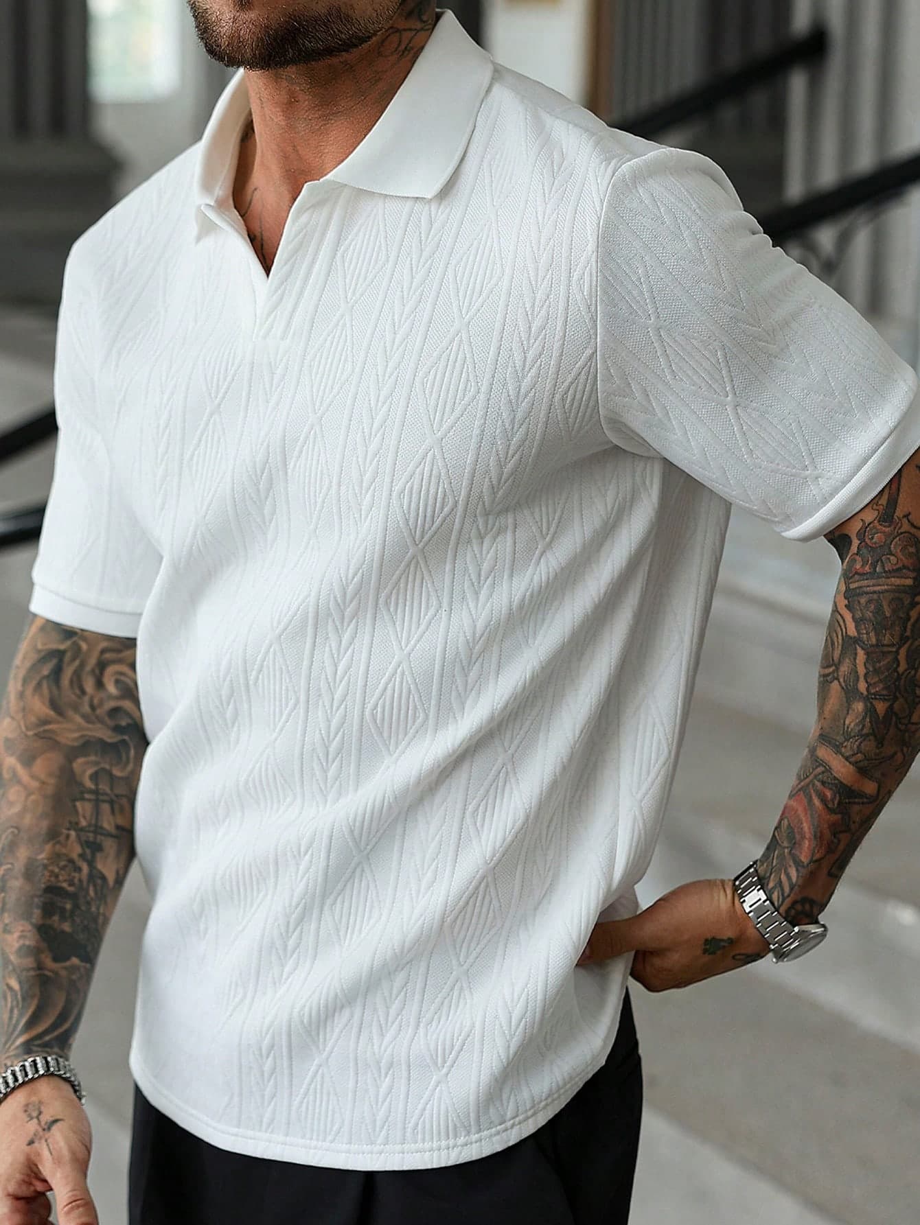 Manfinity CasualCool Men's Premium Jacquard White Textured Polo Shirt,Summer Casual Vacation Versatile Style,Fashionable Gift For Husband,Urban British Gentleman, Formal