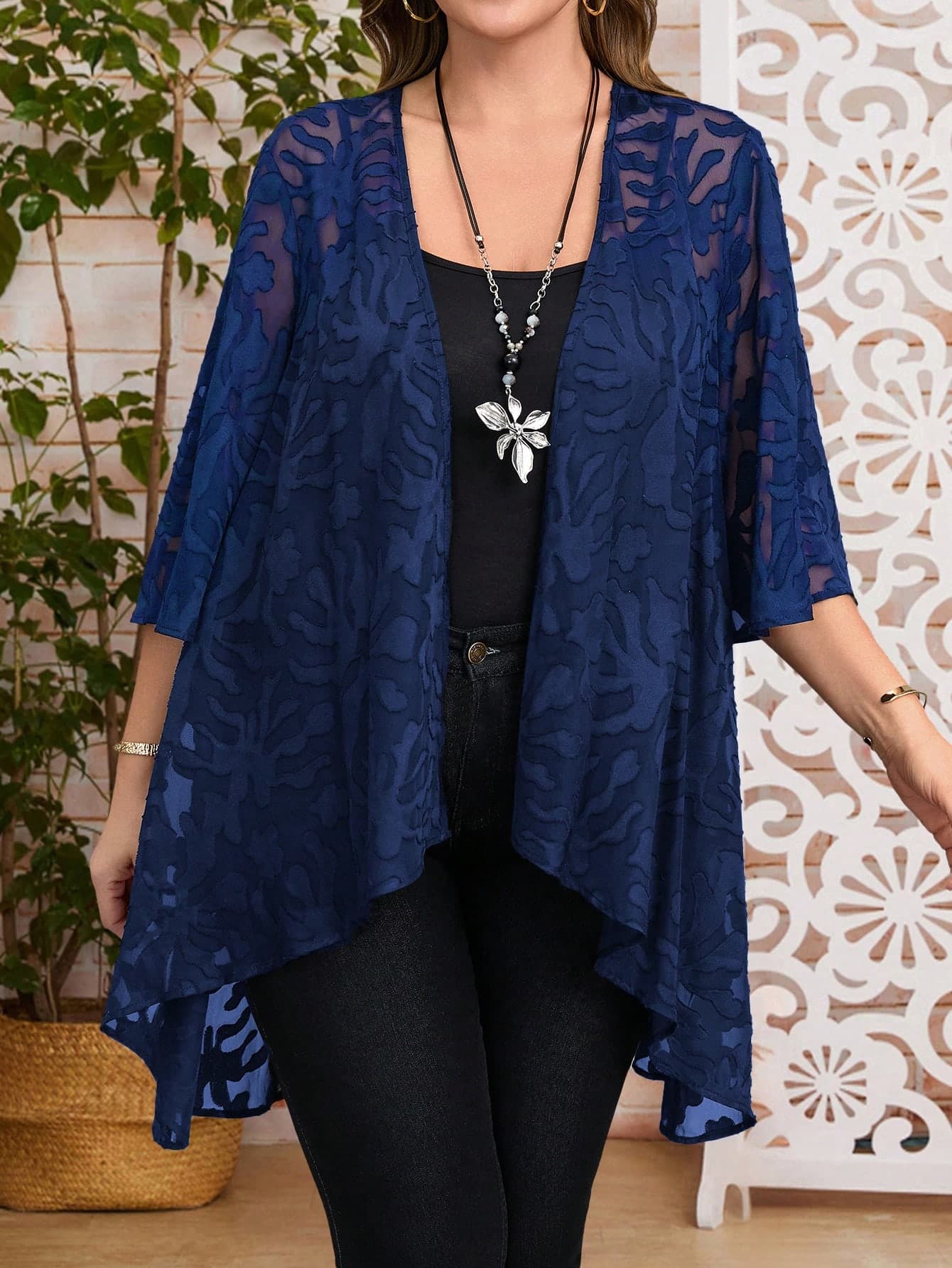 EMERY ROSE Plus Size Casual Solid Color Cutout Pattern Jacket Lace Kimono Summer Cover Up Cardigan