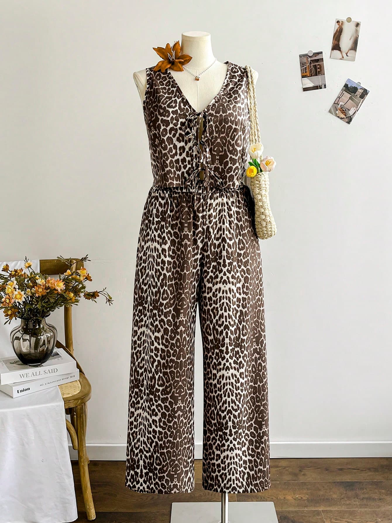 Soleia Plus Size Women Leopard Print Wrap Halter Top & Straight Leg Pants Suit Set,Beige,Summer,Boho,Vacation,Holiday Animal Print Casual Jumpsuit Outfit