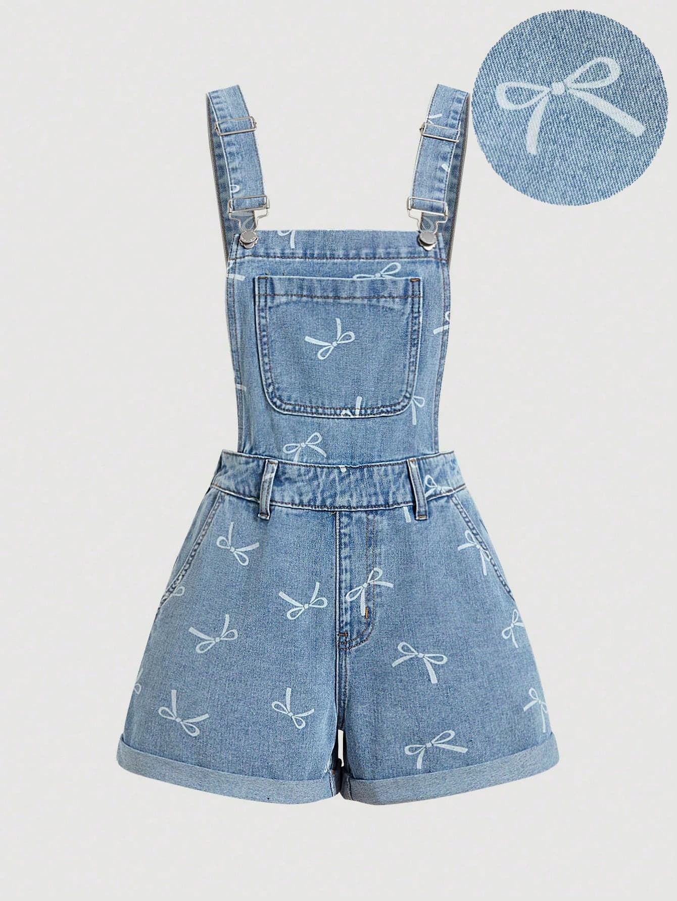 SHEIN Girlism Teen Girl White Bow Decor Blue Denim Overalls Shorts, Spring And Summer Casual Vacation Country Boho Wear
