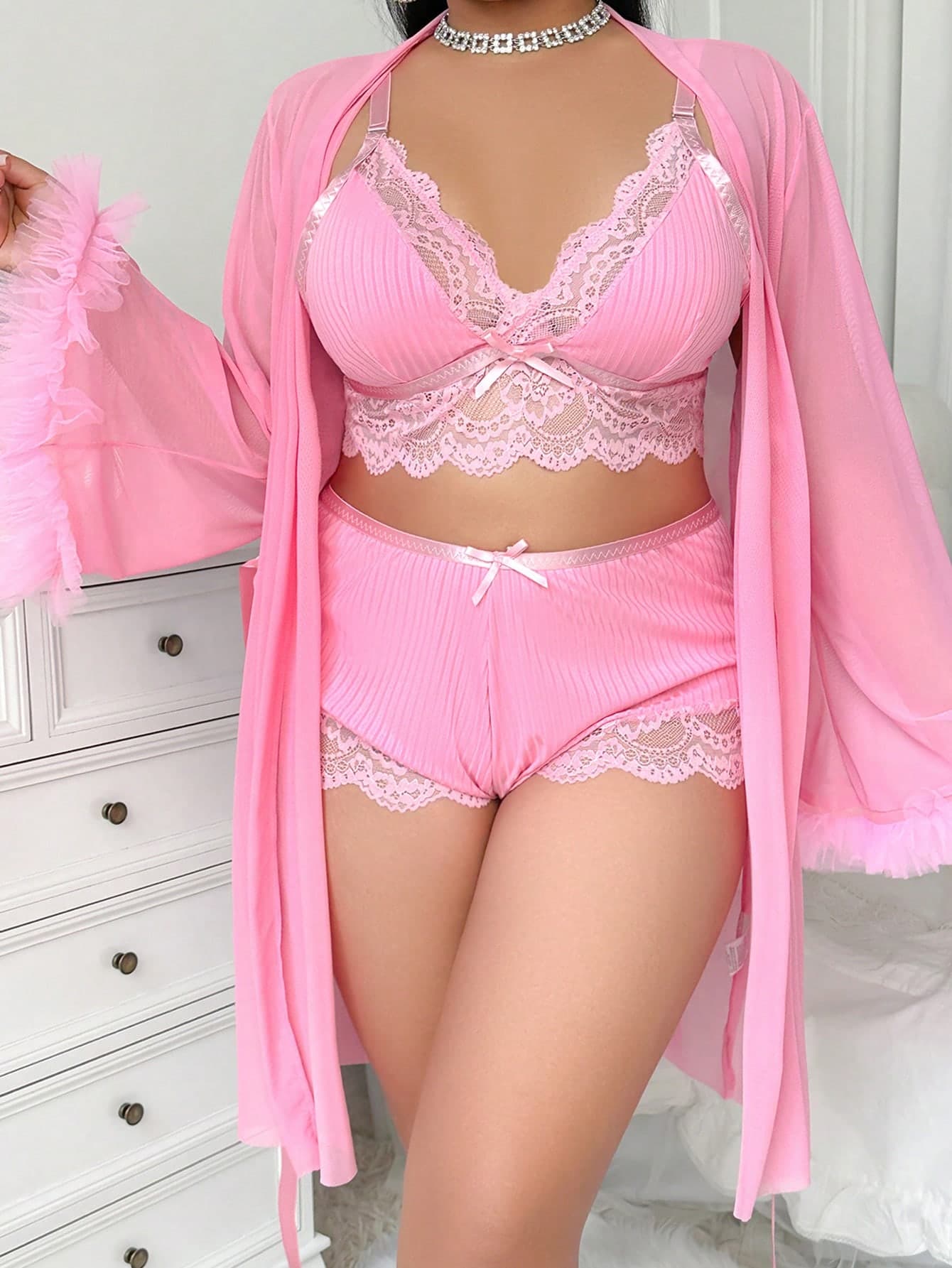 SHEIN 3pcs Set: Lace Trim Cami Shorts + Stand Collar Wide Sleeve Mesh Kimono Robe, Plus Size