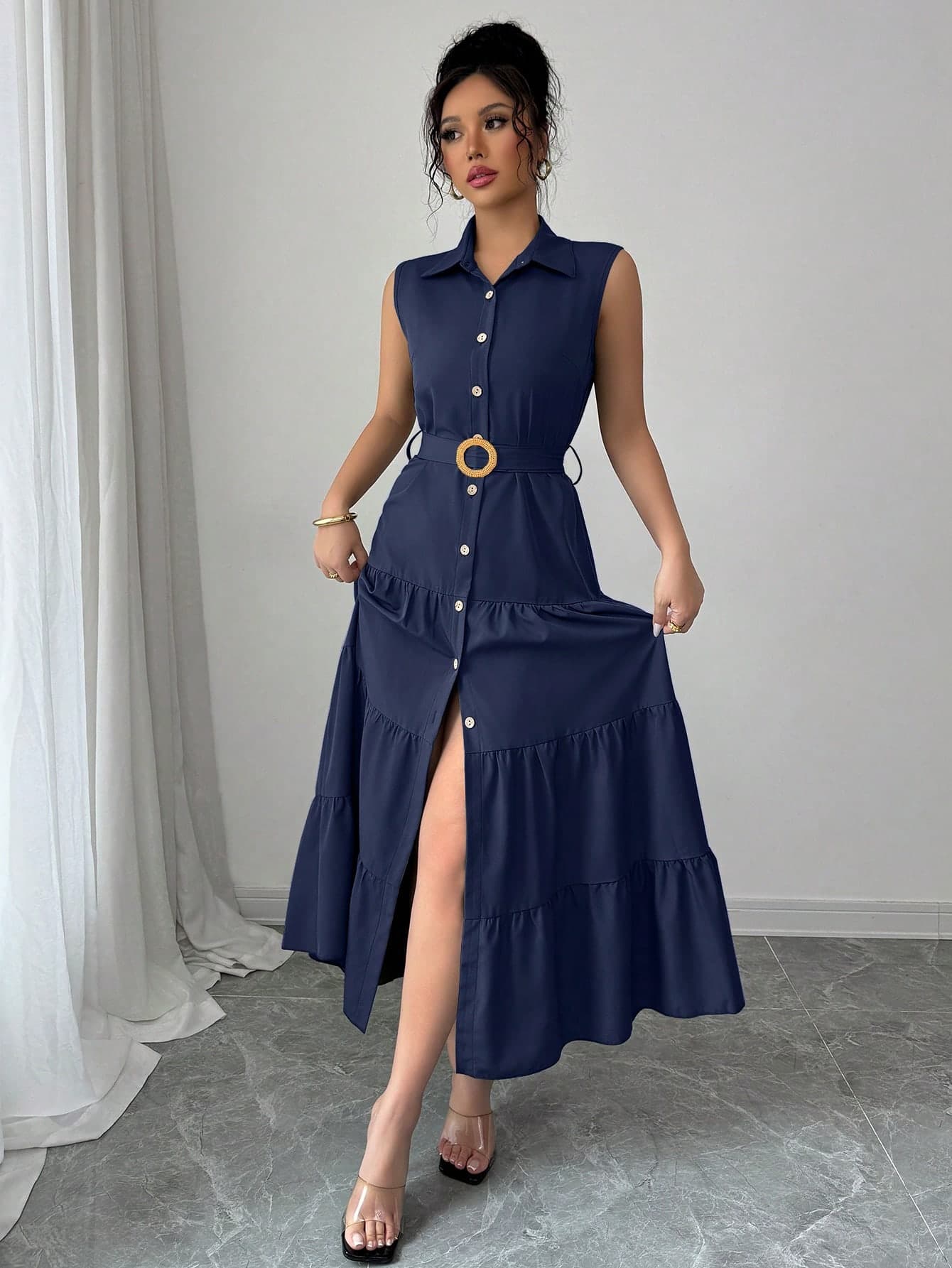 Elenzga Women Summer Solid Color Single-Breasted Ruffle Hem Casual Sleeveless Shirt Dress