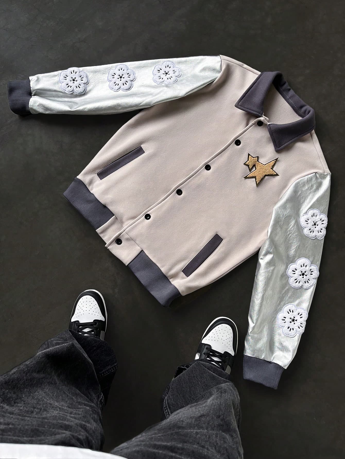 Manfinity EMRG Men's Contrast Color Front Button Patch Casual Long Sleeve Jacket Men Fashion Men Varsity Jacket Baseball Jacket
