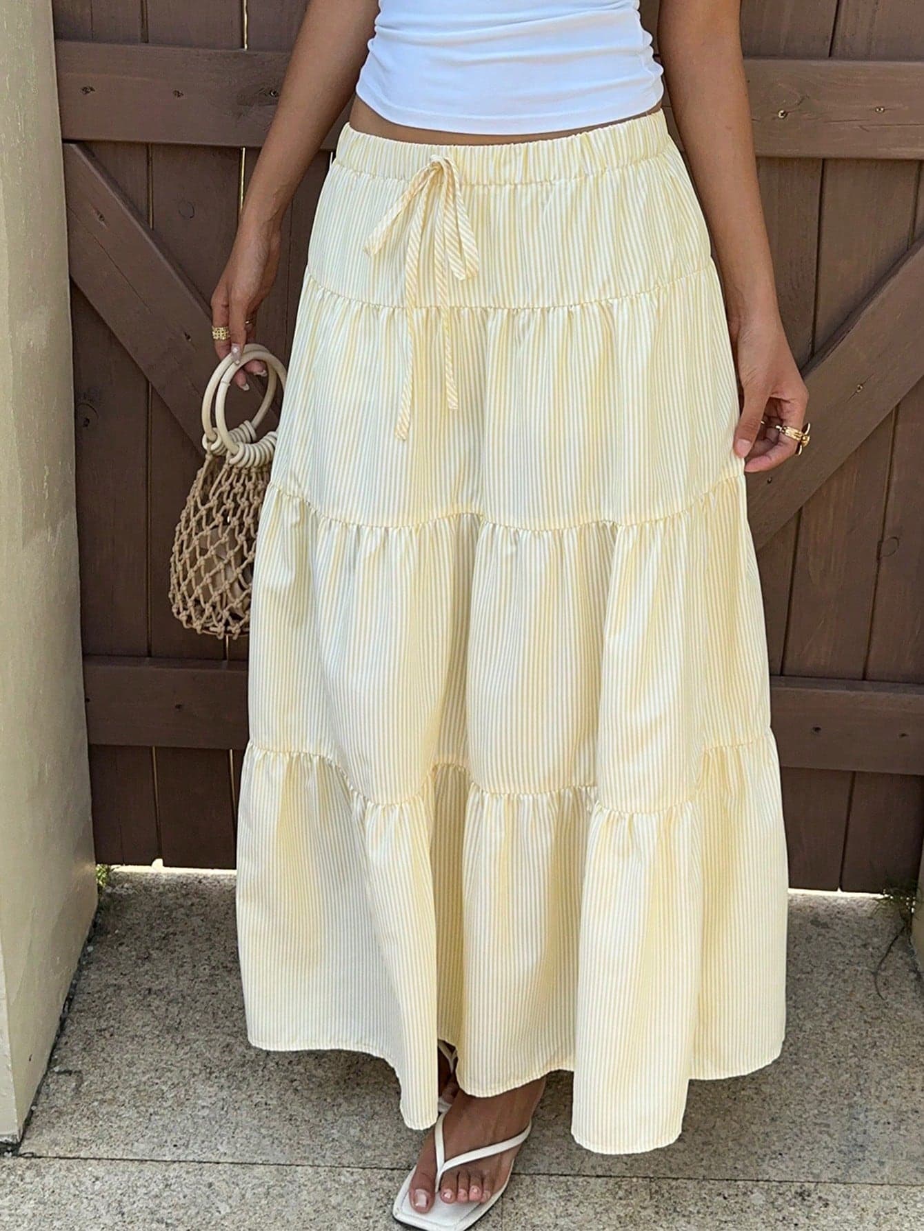SHEIN EZwear Women's Butter Yellow Striped Long Skirt, Vacation