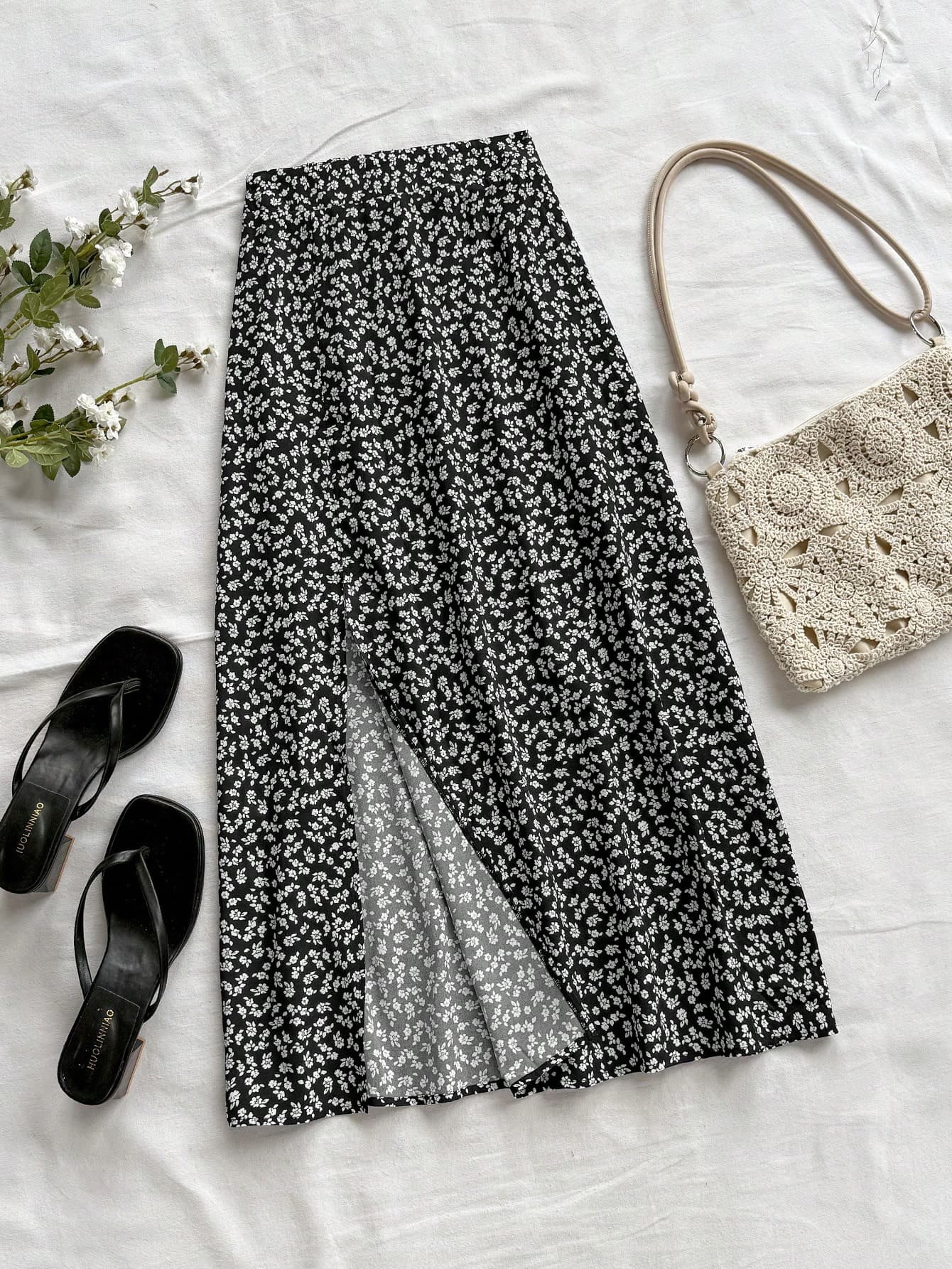 Soleia Women's Vacation Ditsy Floral Casual Slit Skirt Black And White Floral Skirt Long Floral Skirt Floral Print Skirt Pattern Skirt Summer Skirt