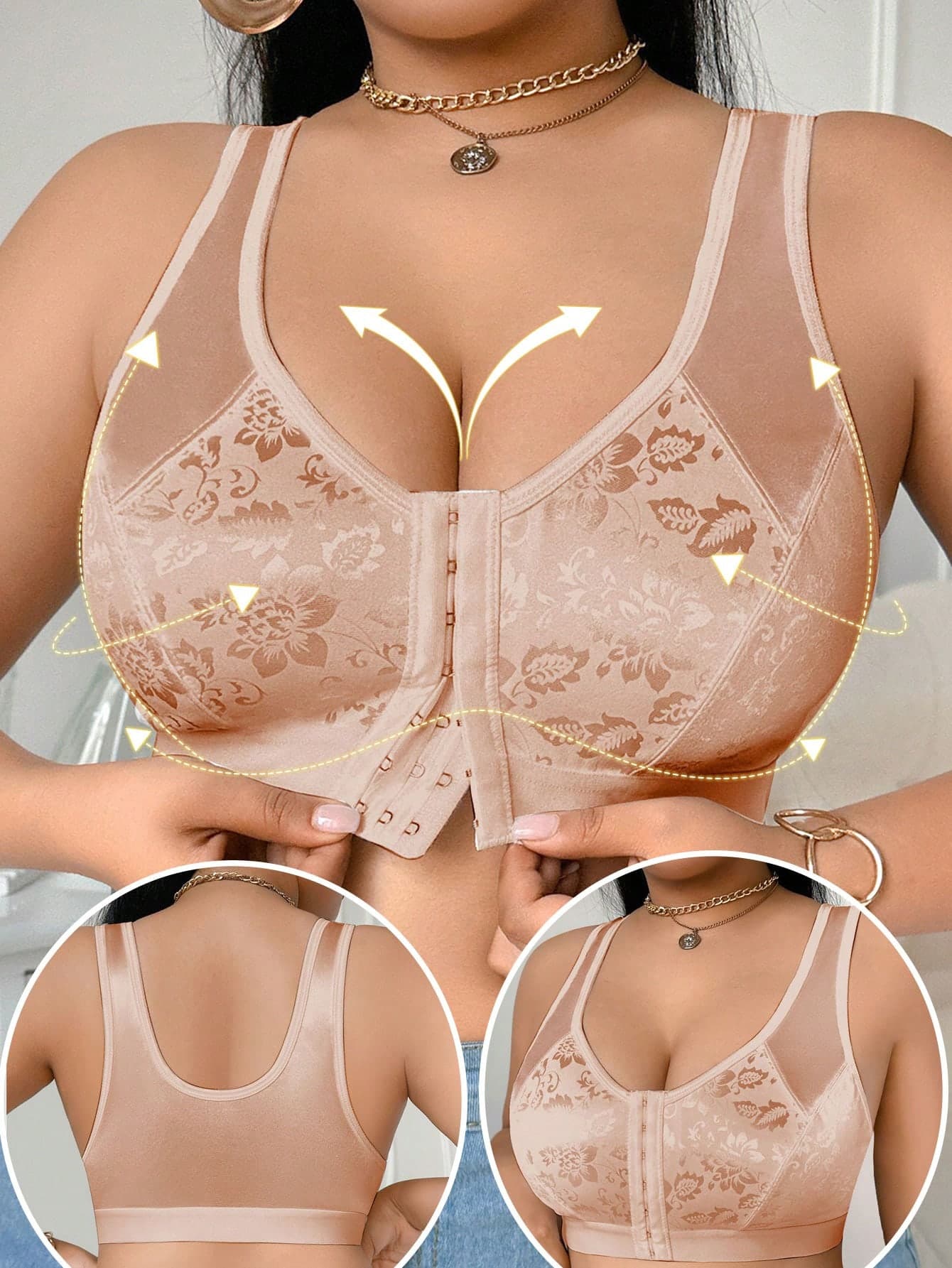 DesireSculpt 1pc Plus Size Front Snap Floral Jacquard Wireless Bra
