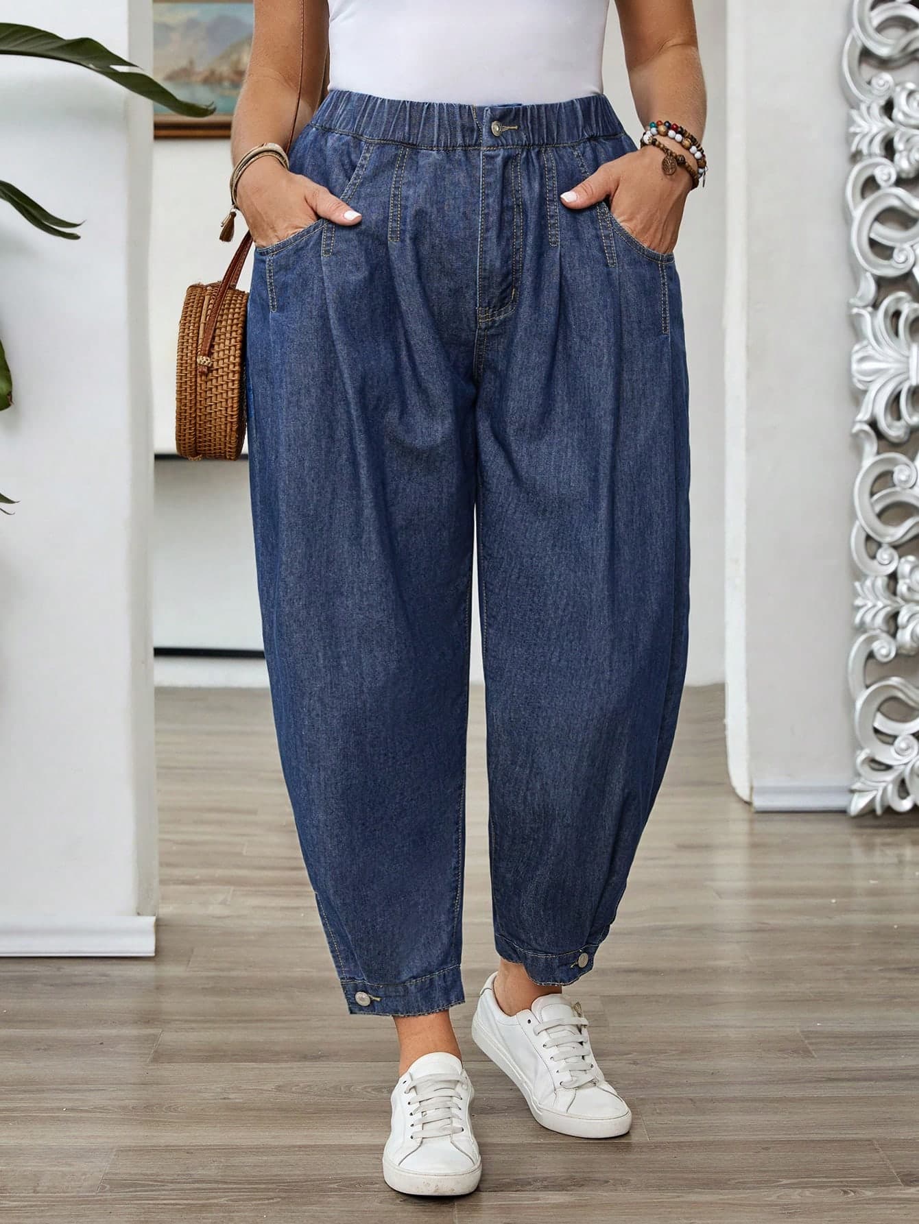 EMERY ROSE EMERY ROSE Plus Size Women's Non-Stretch Denim Jeans, Casual Lightweight Denim With Elastic Waist, Open Hem Design, Loose Fit Denim Lantern Pants For Summer