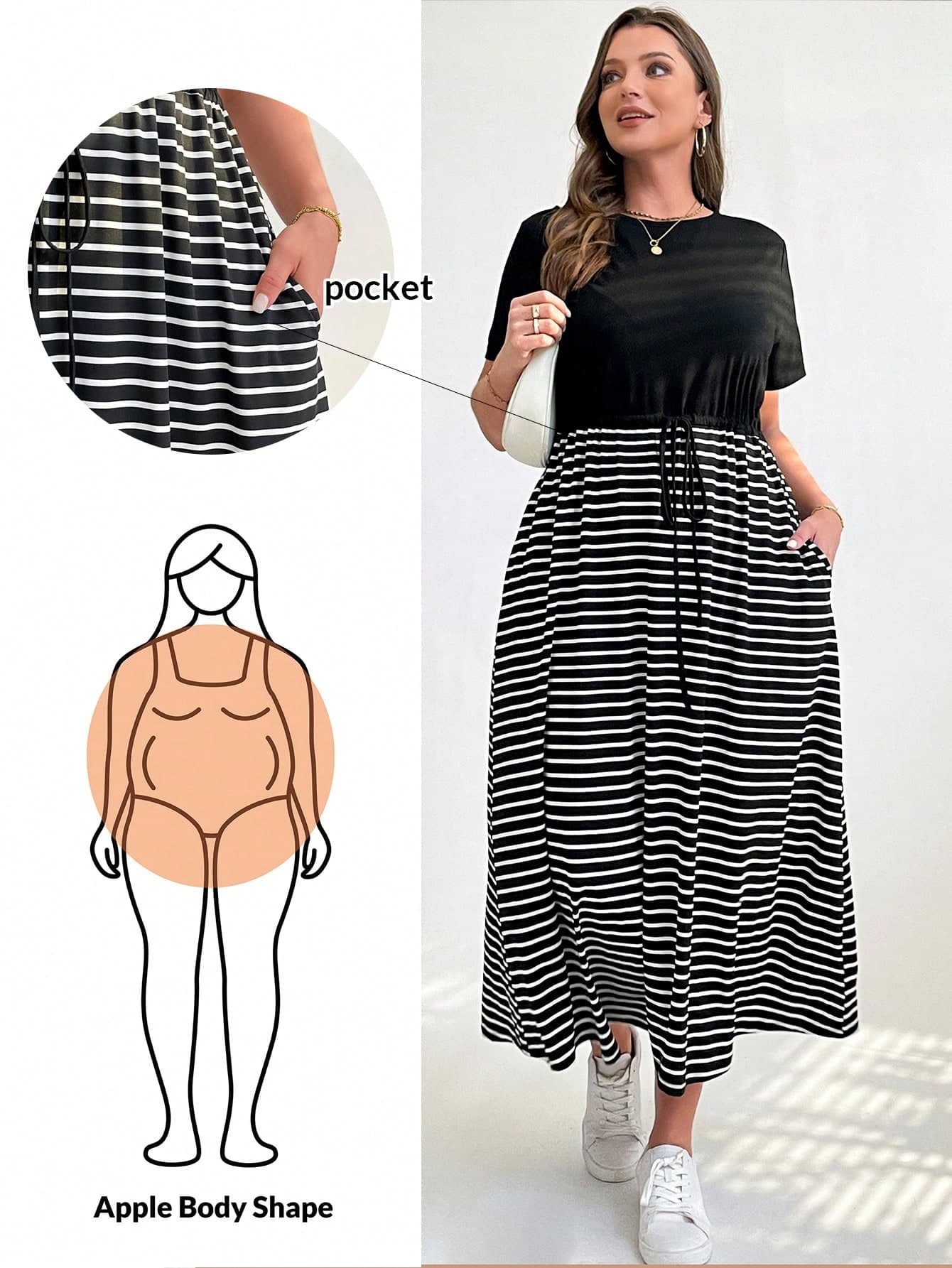 Shapeblank Plus Size Black And White Striped Print Summer Dress,Casual Everyday Short Sleeve Round Neck Long Dress With Pocket,Elegant Work Business Outfits