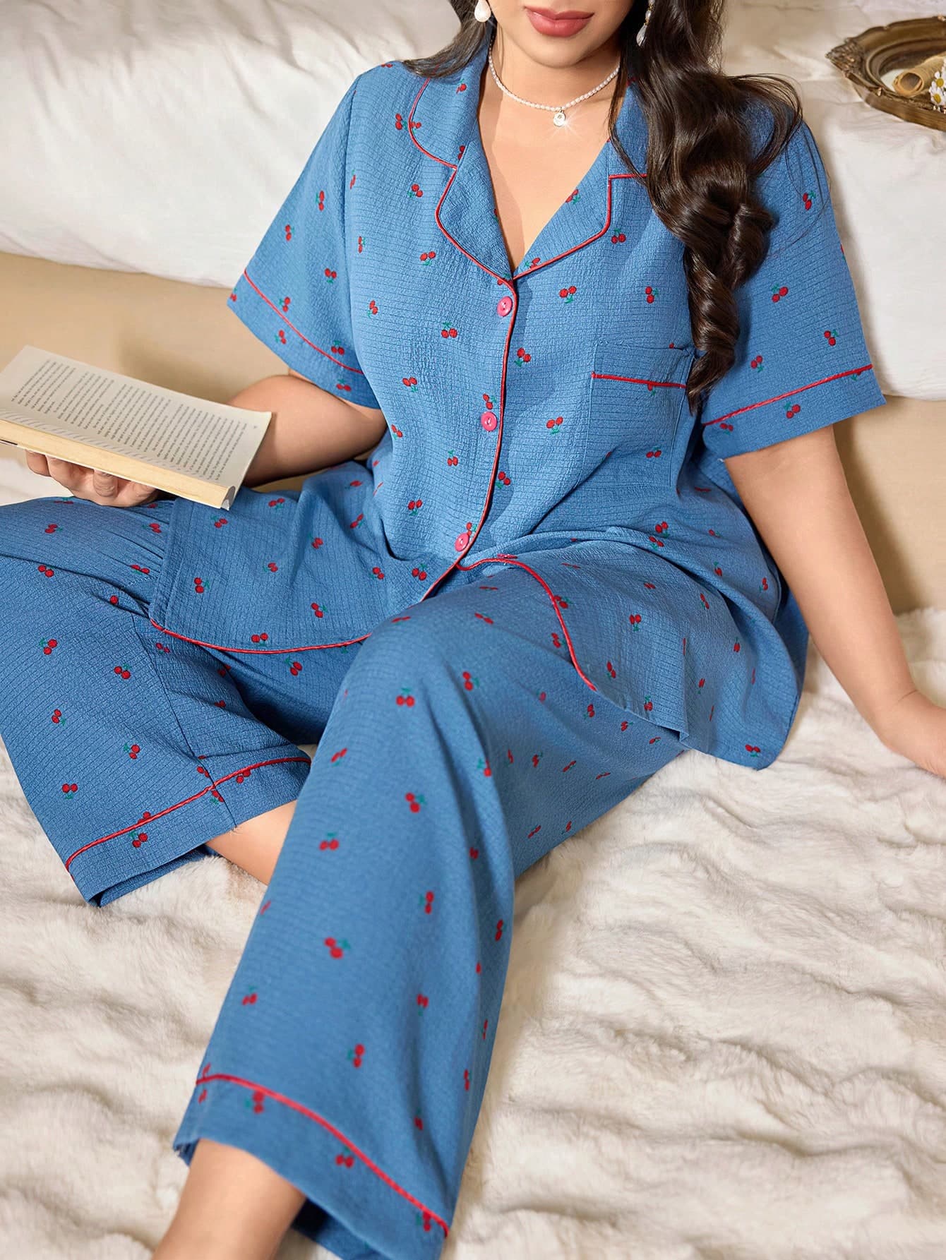 CottageSlumber Plus Size Cherry Printed Loose Comfortable Pajama Set, Spring Bountiful Floral Splendor Cozy And Elegant Details