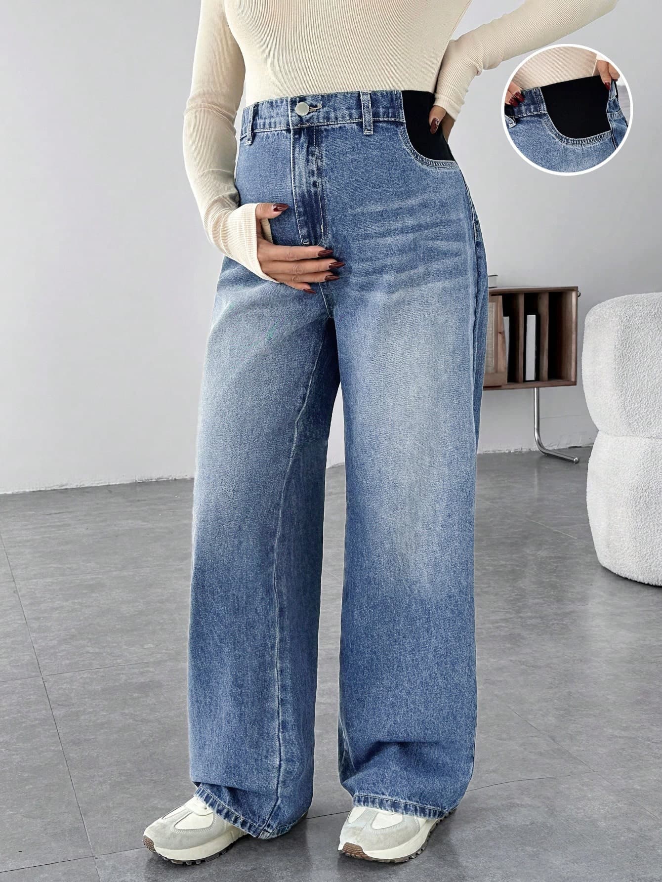 SHEIN Plain Light Wash Maternity Jeans Long Denim With Zipper Classic Design For Pregnancy Comfort