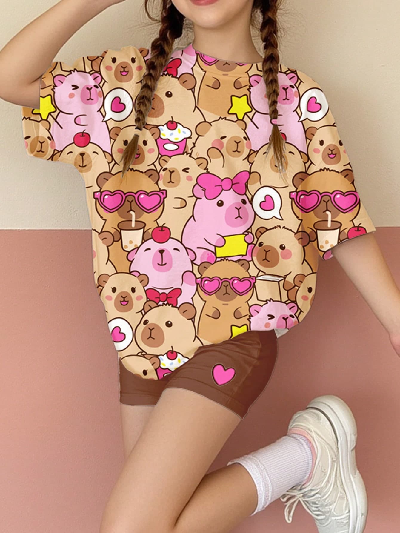 SHEIN 2PCS Set Cute Capybara Print T-Shirt & Loose Fit Bike Shorts Teen Girls Casual Summer Outfit, Chill Summer