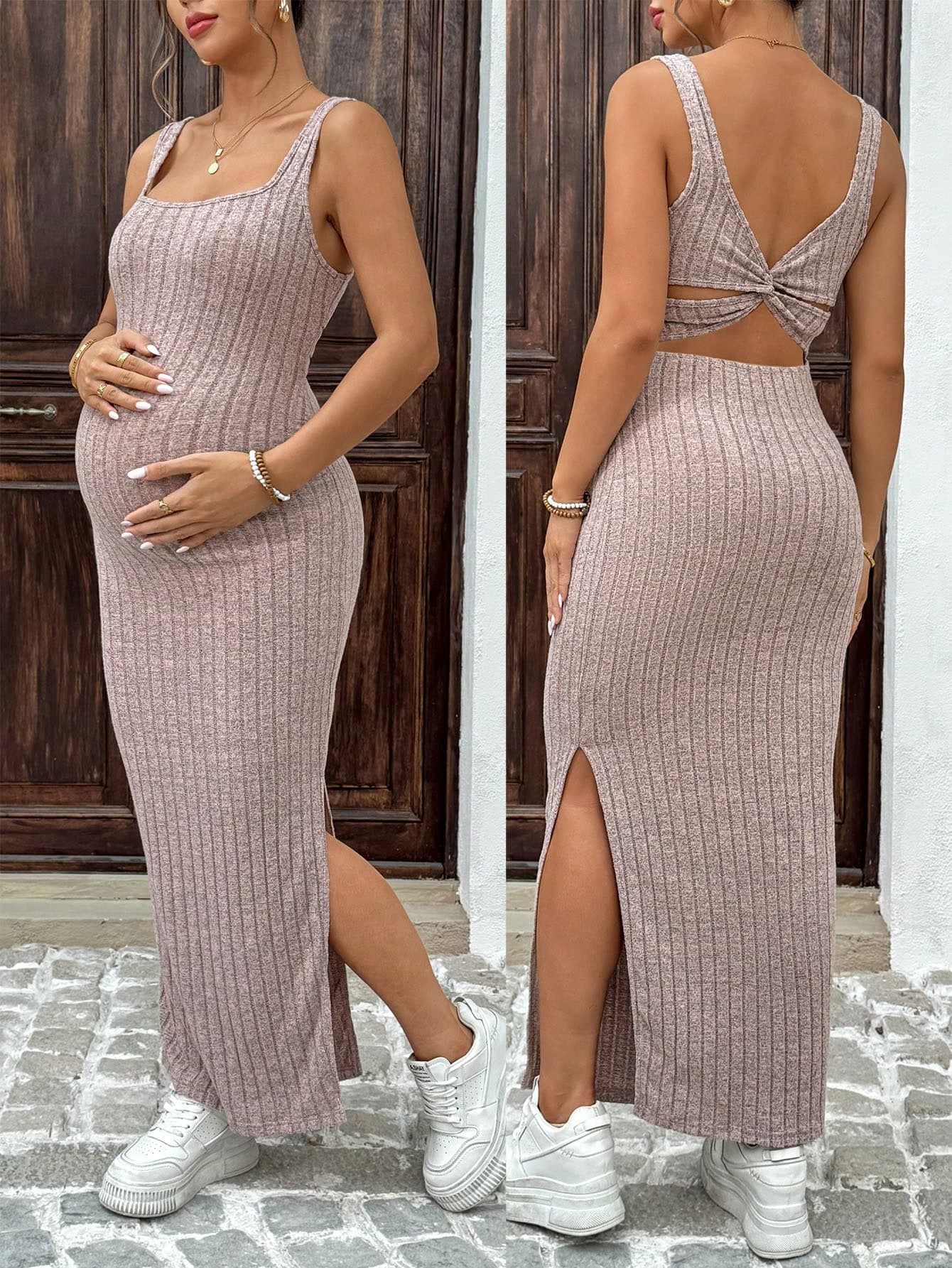 SHEIN Solid Color Sleeveless Maternity Dress With Twist Back Design And Side Slit Hem, For Summer Ribbed Knit Bodycon