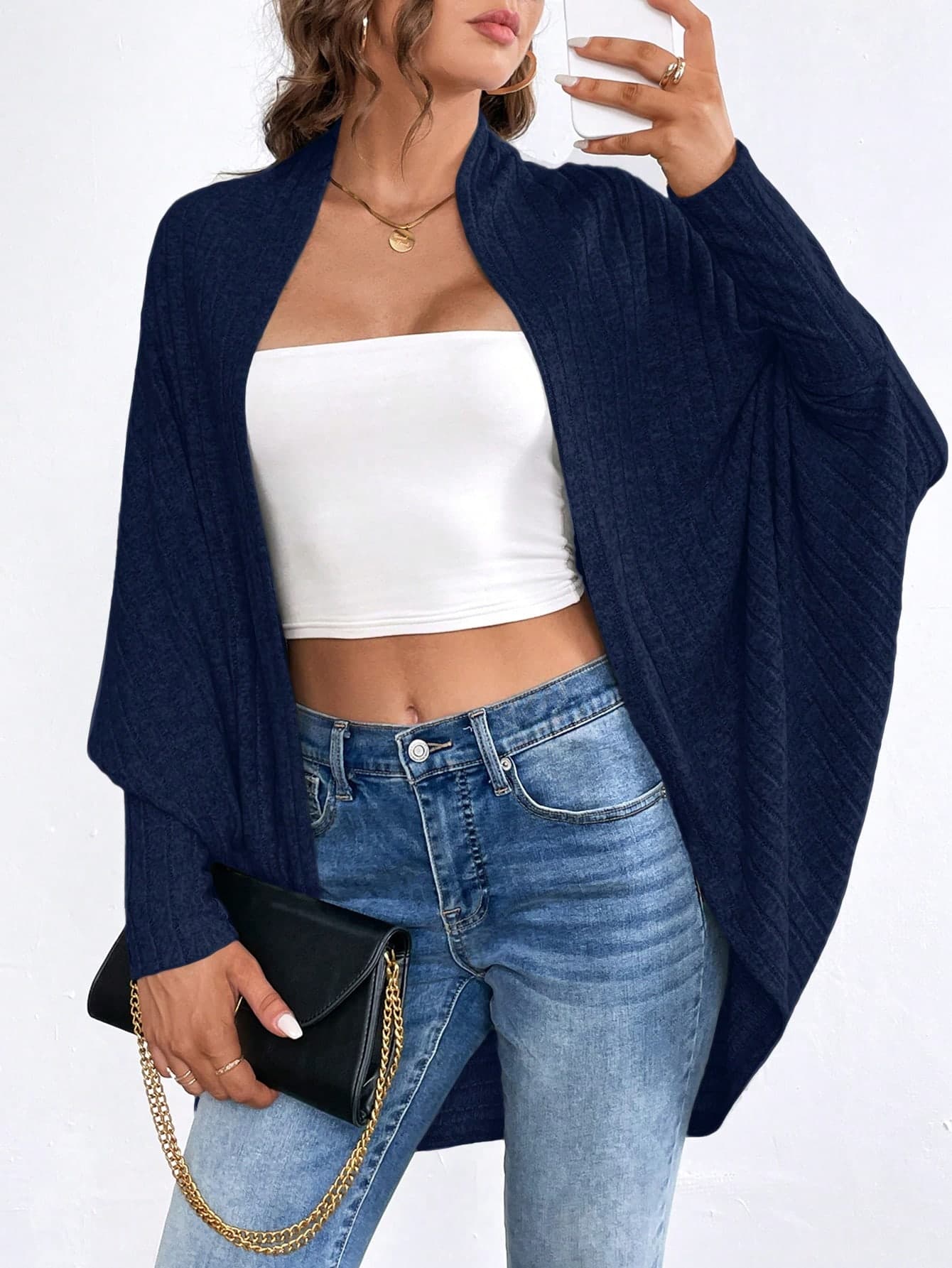 SHEIN Essnce Plus Size Women's Autumn New Fashion Business Casual Tops Brushed Fabric Solid Color Loose Buttonless Bat Cardigan,Fall Clothes For Women