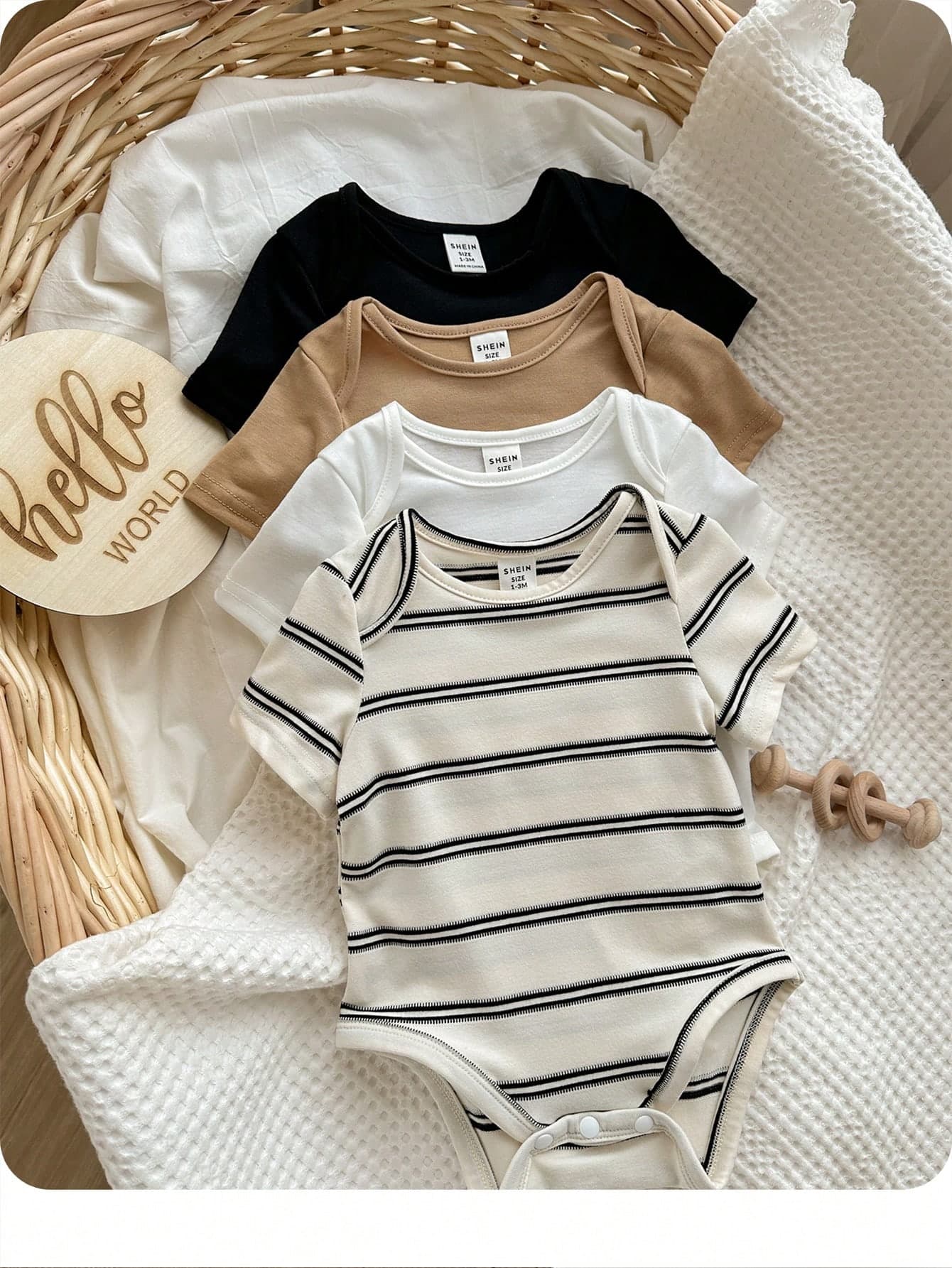 4pcs Baby Boys/Girls Spring/Summer Cute Knitted Elastic Striped Short Sleeve Bodysuits Basic Bodysuit Multi-Pack