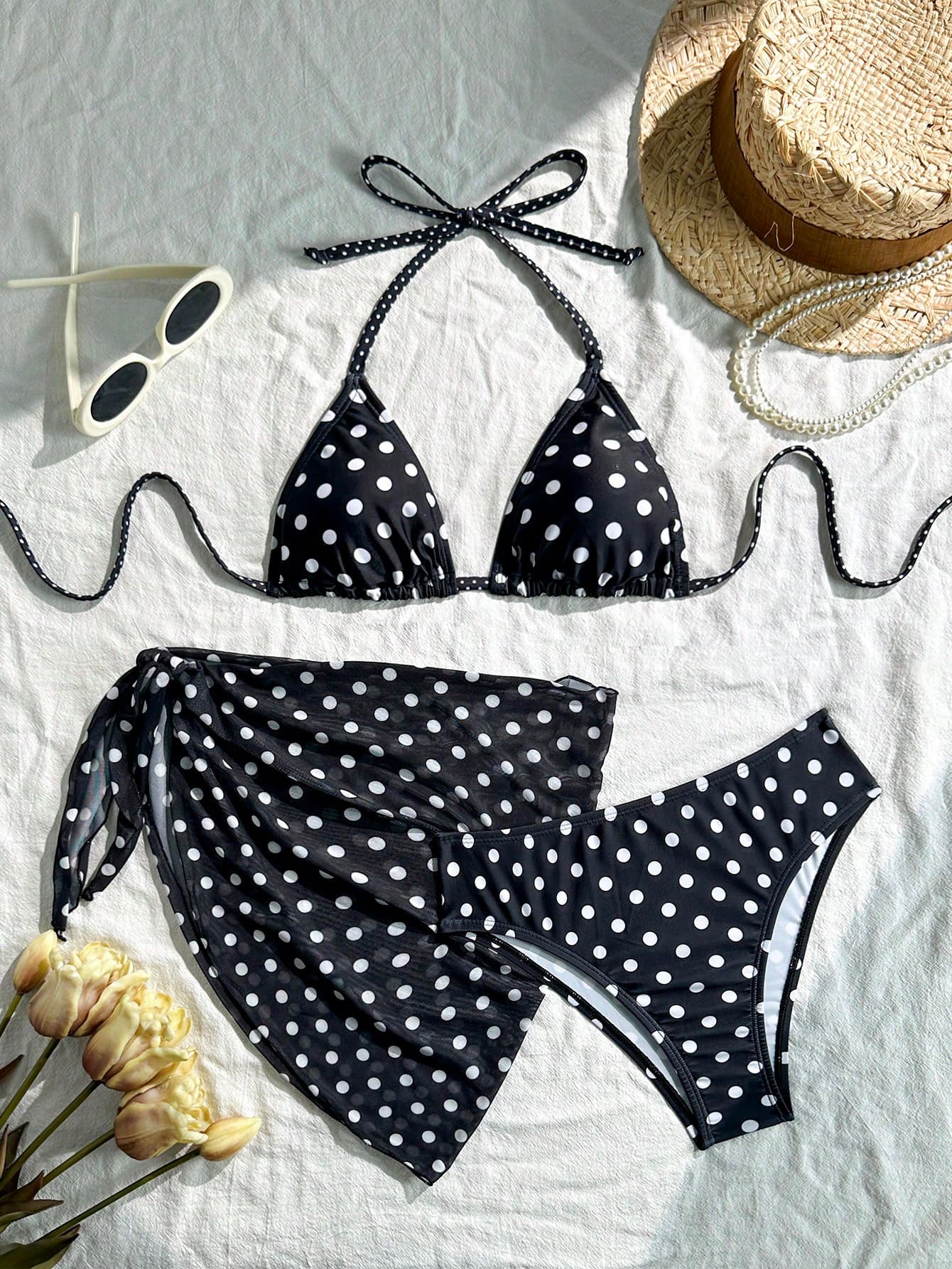 Swim Mod 3pcs Women Polka Dot Print Halter Tie Back Sexy Bikini Set For Beach Vacation For Summer