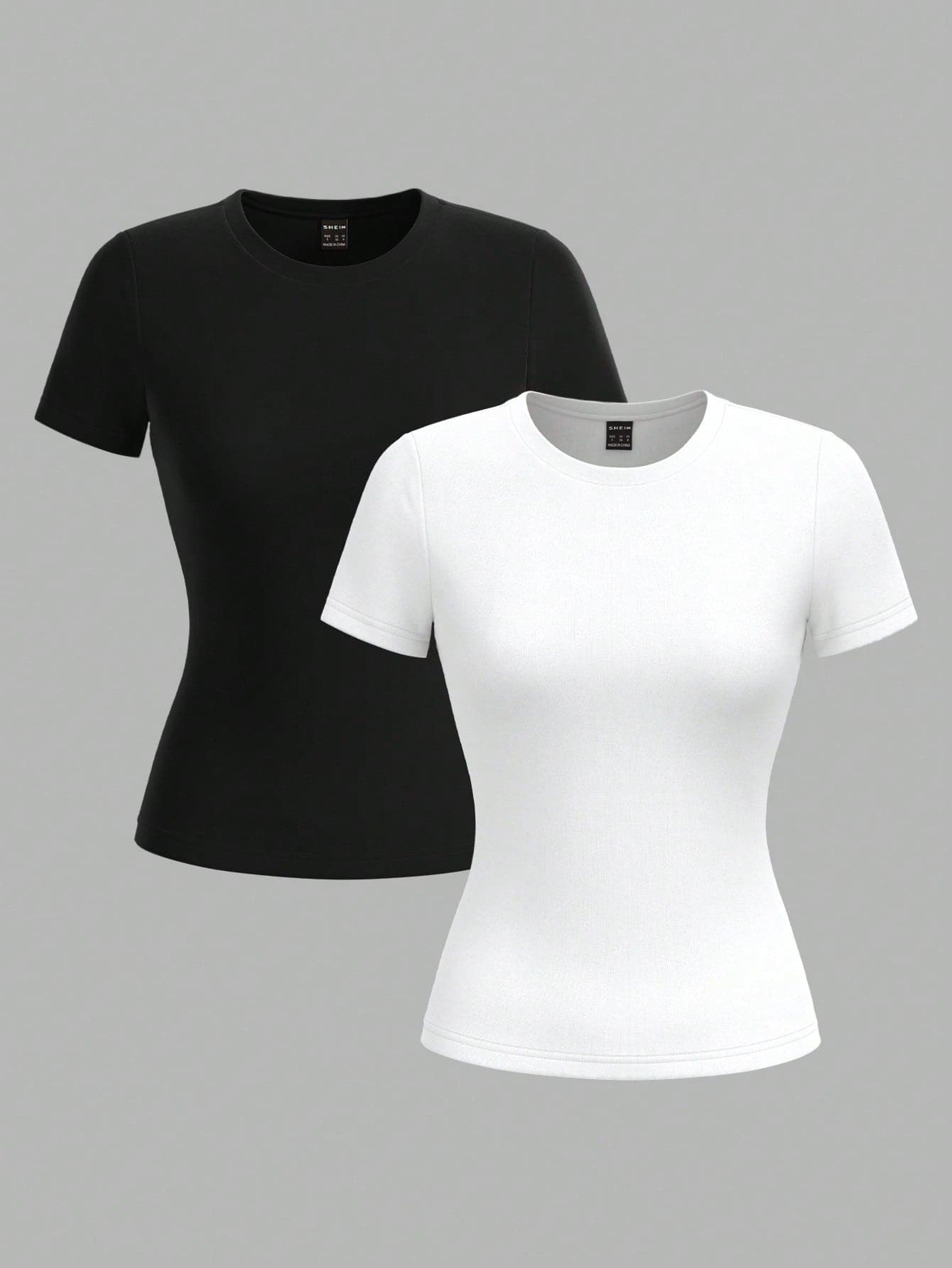 SHEIN PETITE 2pcs Pack Basic Round Neck Short Sleeve T-Shirt, Casual And Minimalist, Spring/Summer Base Layer, Autumn/Winter Base Layer Suitable For Going Out ,Petite Women