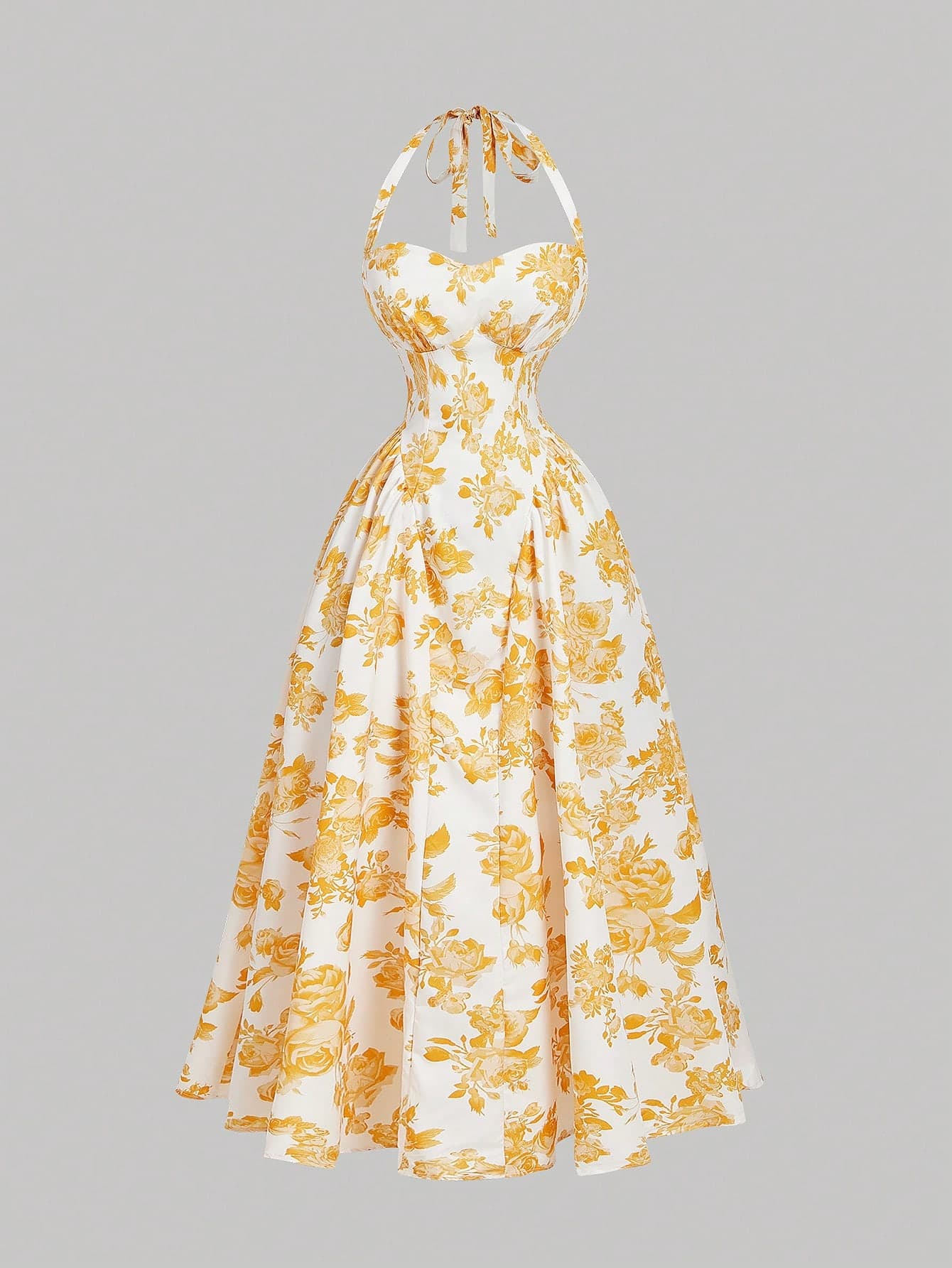SHEIN MOD Women's Romantic Floral Print Halter Mid-Length Dress, Wedding Guest Dress