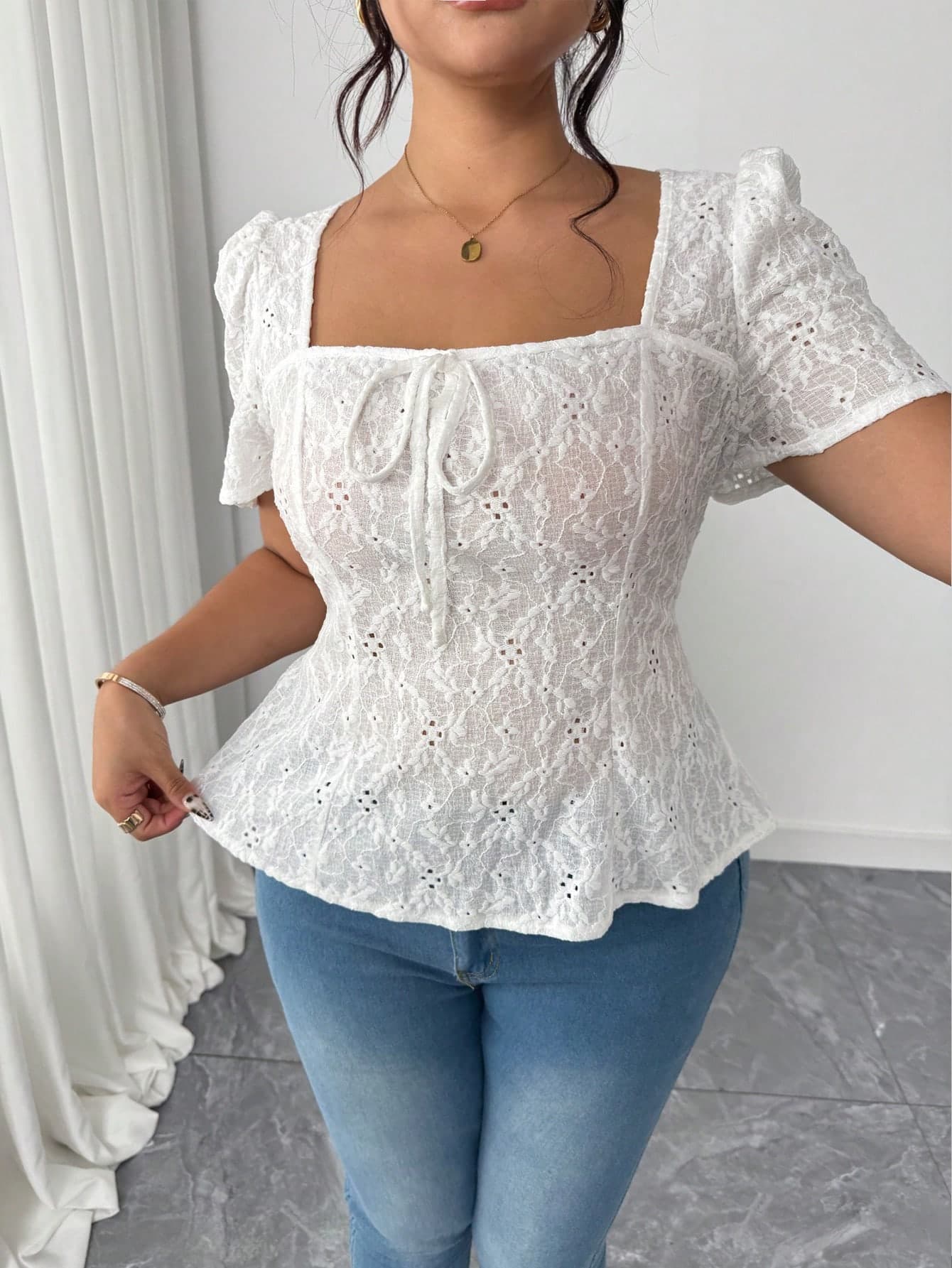Elenzga Plus Size Women's Elegant Vacation Elastic Short Sleeve Bowknot Front Waist Slimming Split Line T-Shirt