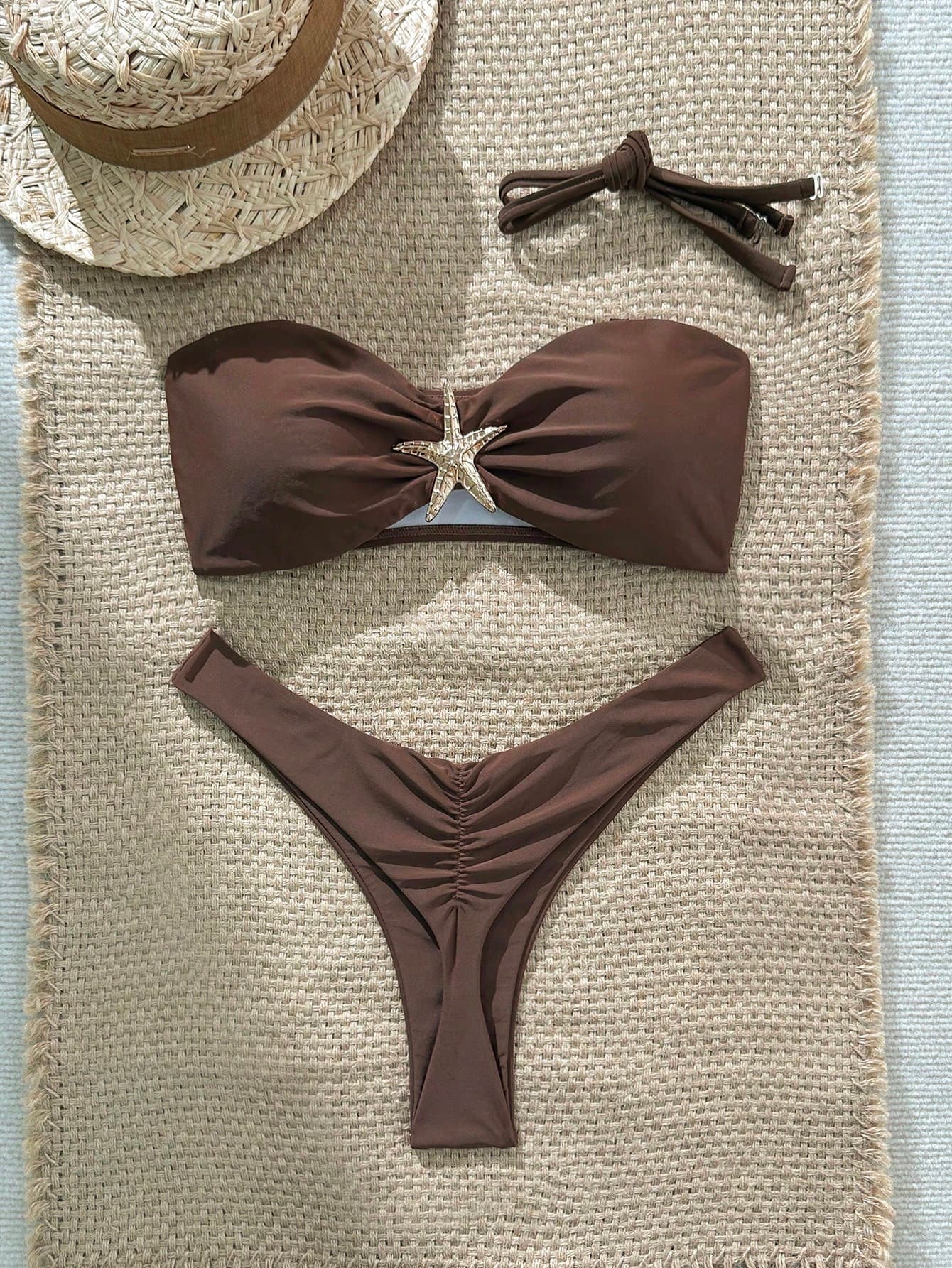Swim Mod Women's Summer Plain Skinny Strap Metal Starfish Decor Sexy Bikini Set