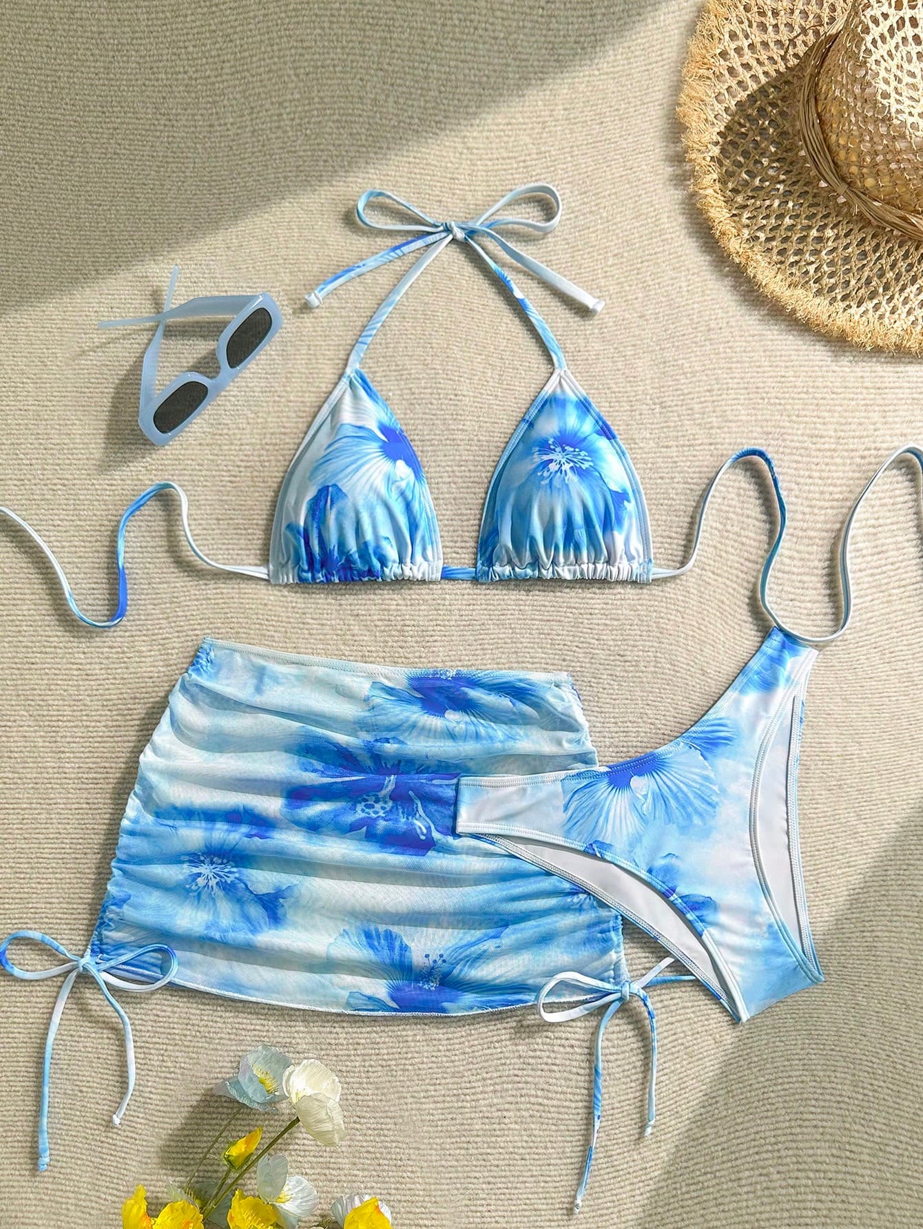 Soleia Women Floral Print Halter Tie Backless Sexy Bikini With Coverup Sarong Skirt, Summer Beach Wear Floral Bikini Beach