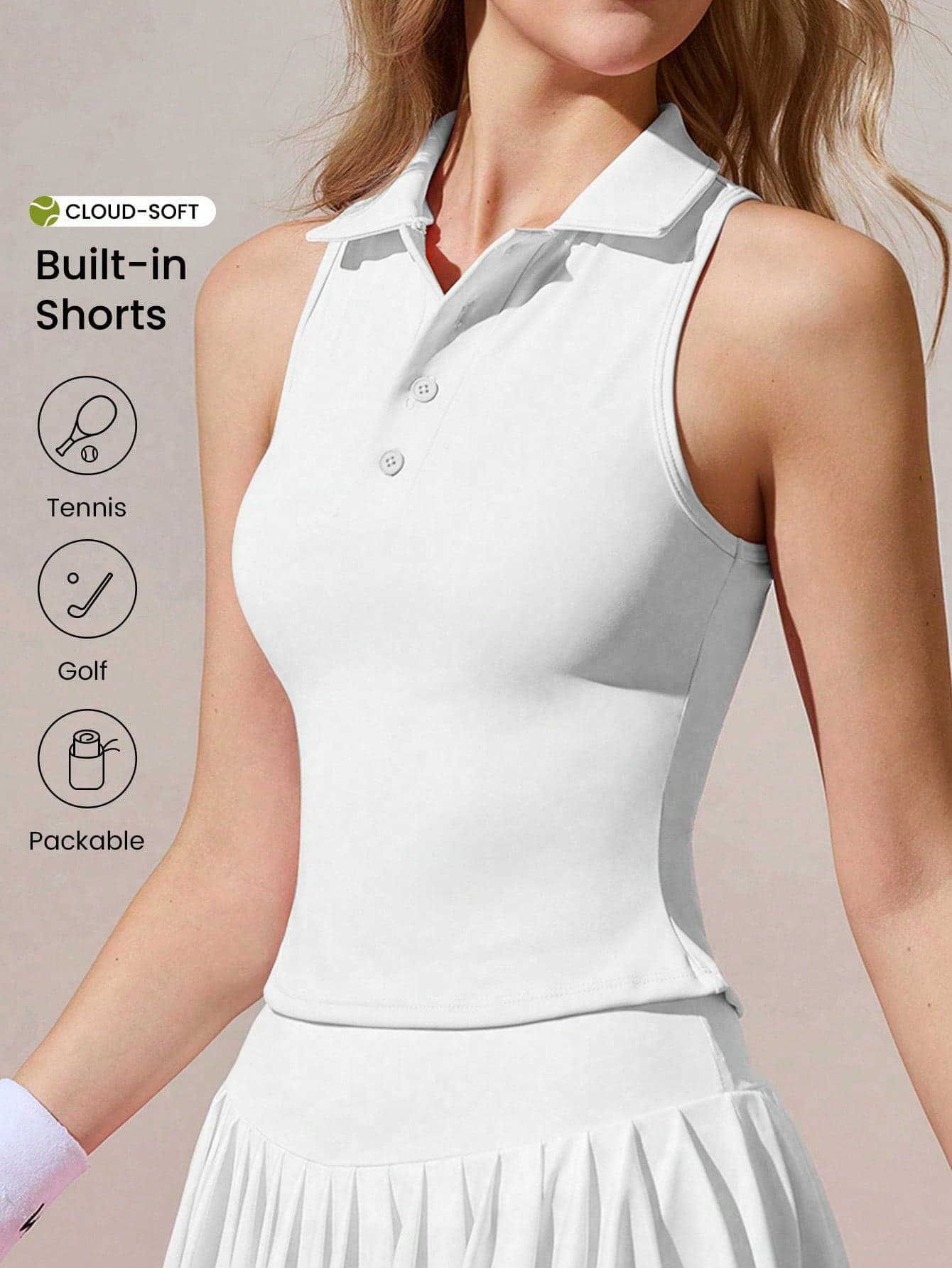 CourtClass CourtClass Women's Fitted Sleeveless Sport Polo Shirt,All White Summer Modest Golf Workout Tennis Dress,Cloud-Soft Built-In Shorts Outdoor Exercises Tops