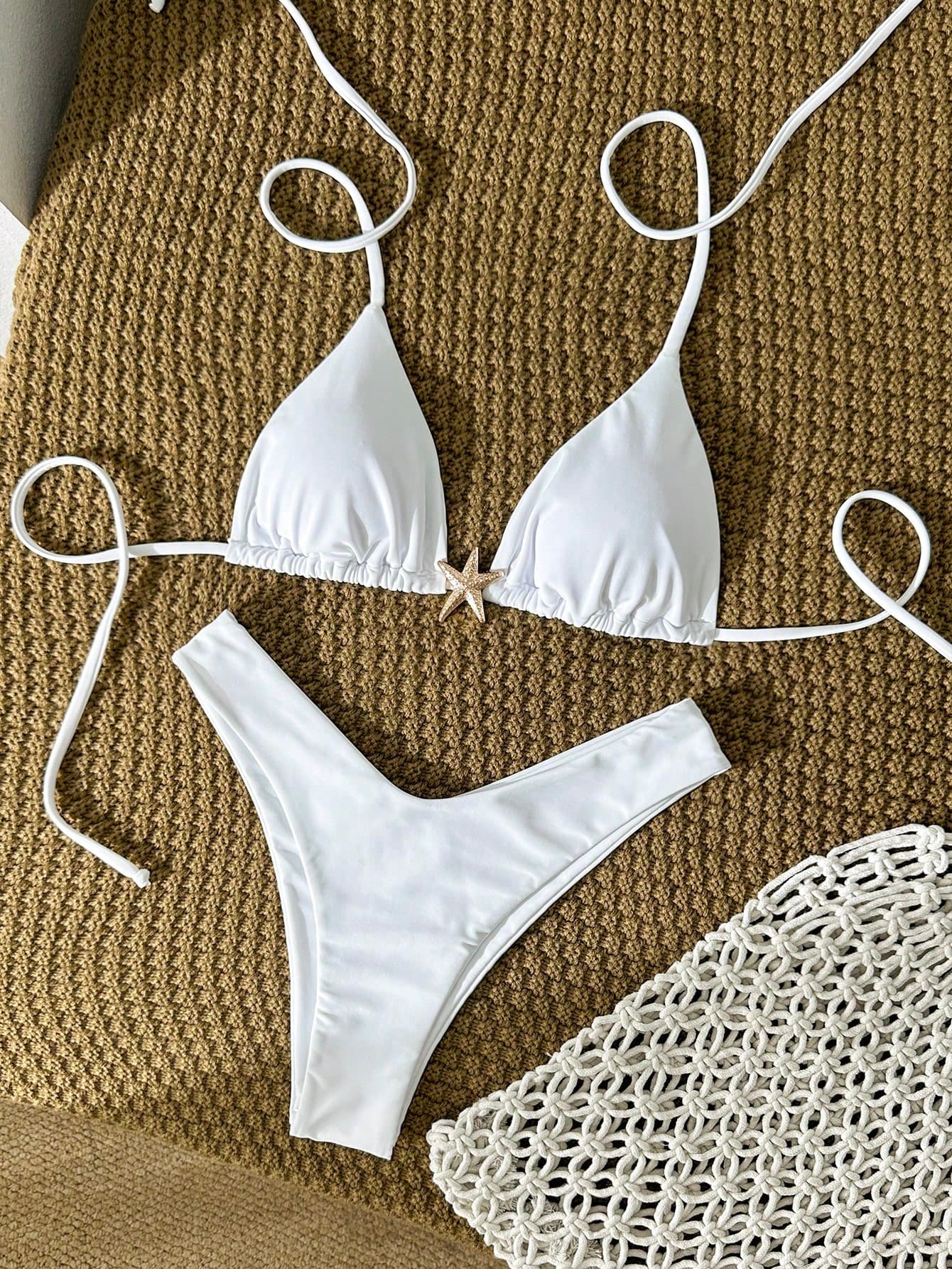Swim Mod Women's Solid Color Metal Decor Spaghetti Strap Sexy Bikini Set, Summer