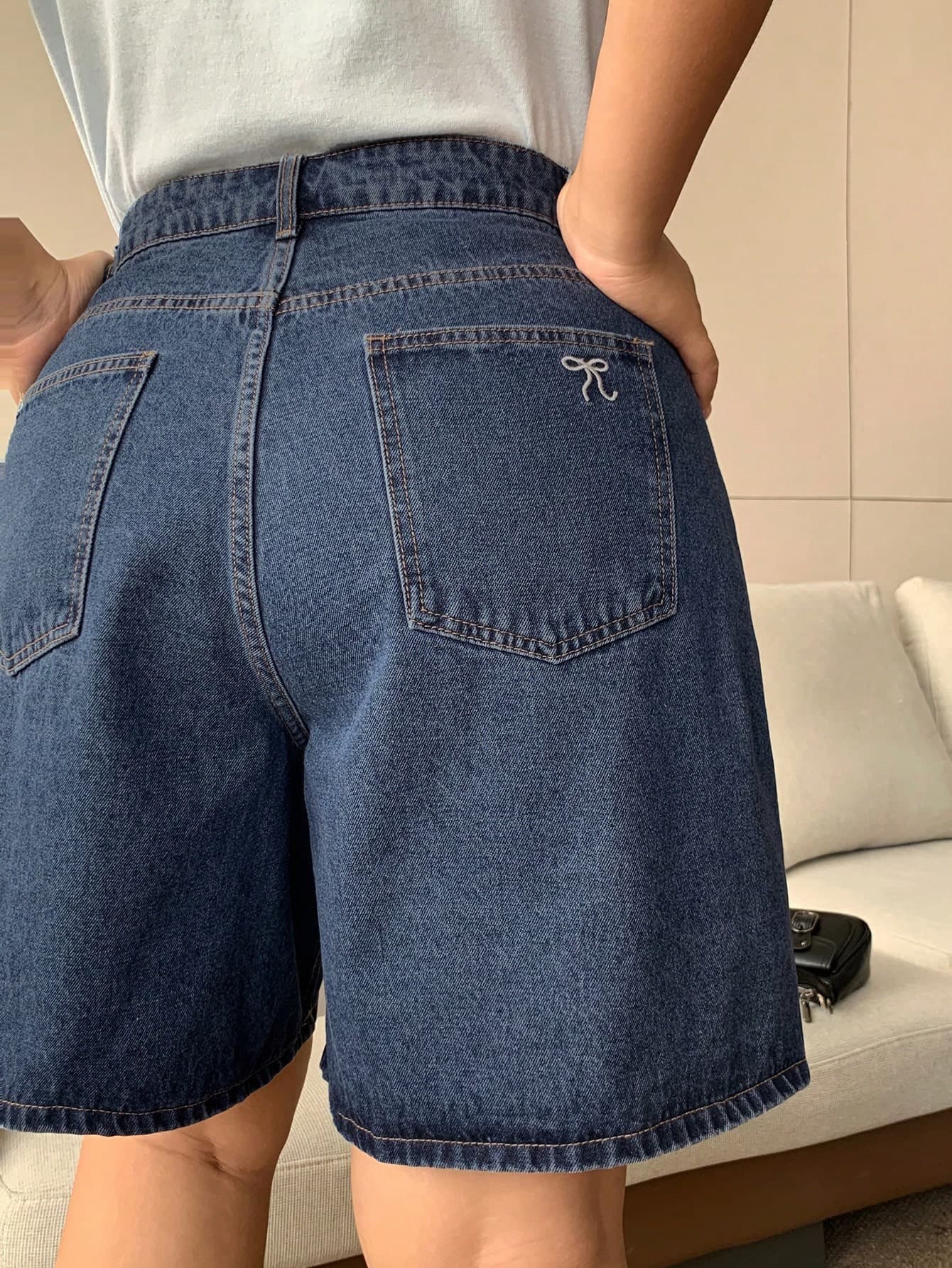Dazy Plus Plus Size Navy Blue Washed Denim Wide Leg Knee Length Shorts With Bow Embroidery And Back Pocket, Spring/Summer Denim Shorts Jorts