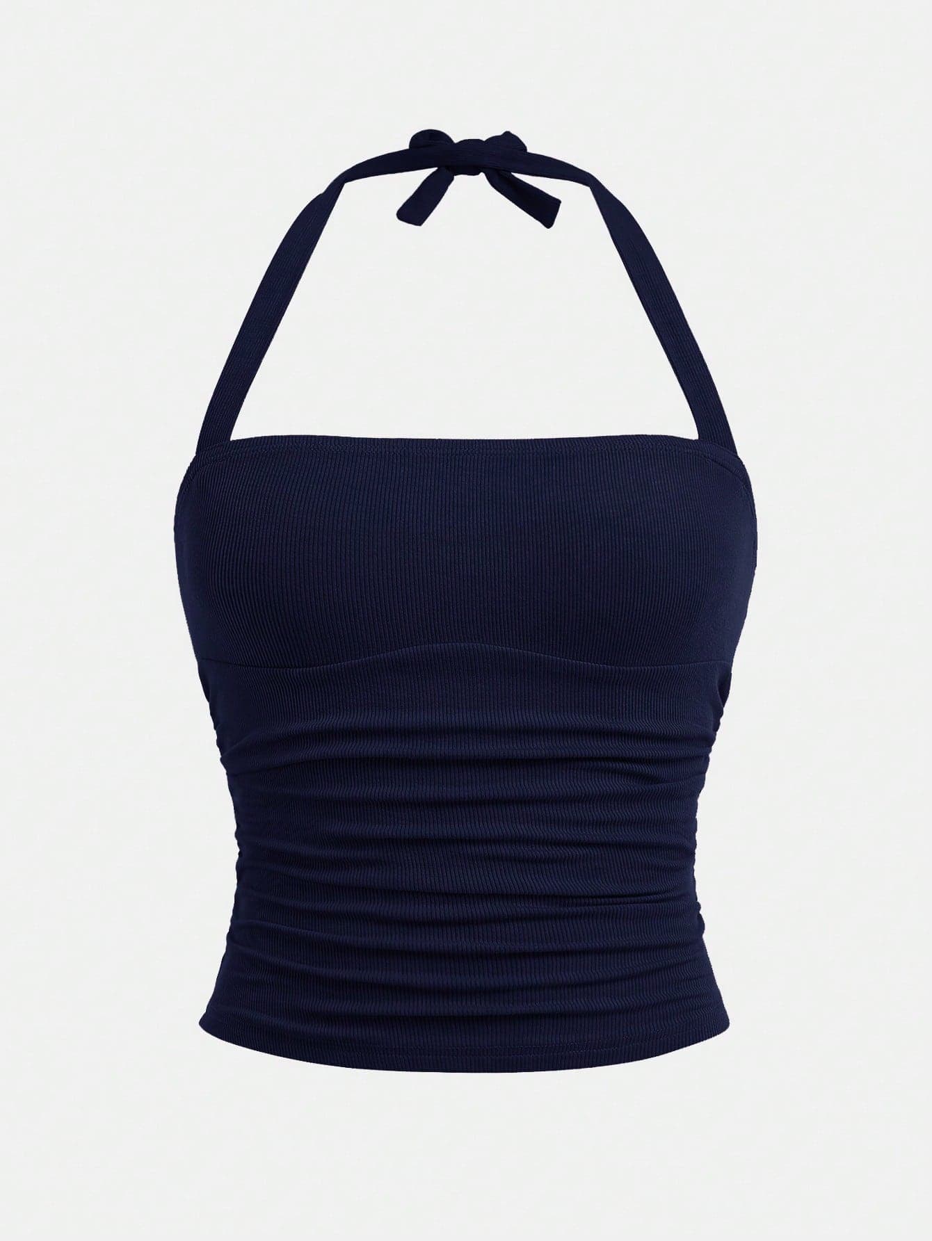 SHEIN Girlism Teen Girls' Navy Summer Casual Vacation Halter Ruched Elastic Bow Slim Fit Cropped Top,Versatile Spring Street Tube Top Swimsuit Tankini Top With Bra
