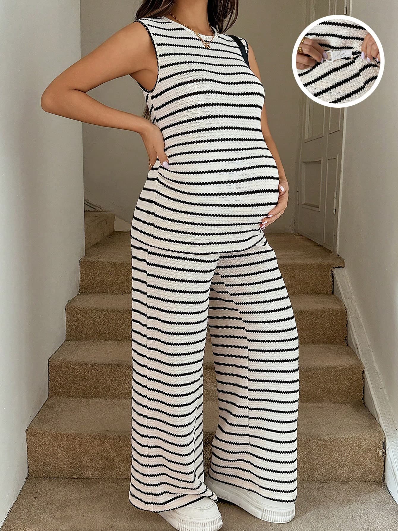 SHEIN Black And White Texture Daily Casual Maternity Two-Piece Suit Round Neck Sleeveless Vest + Waist Adjustable Trousers World Cup