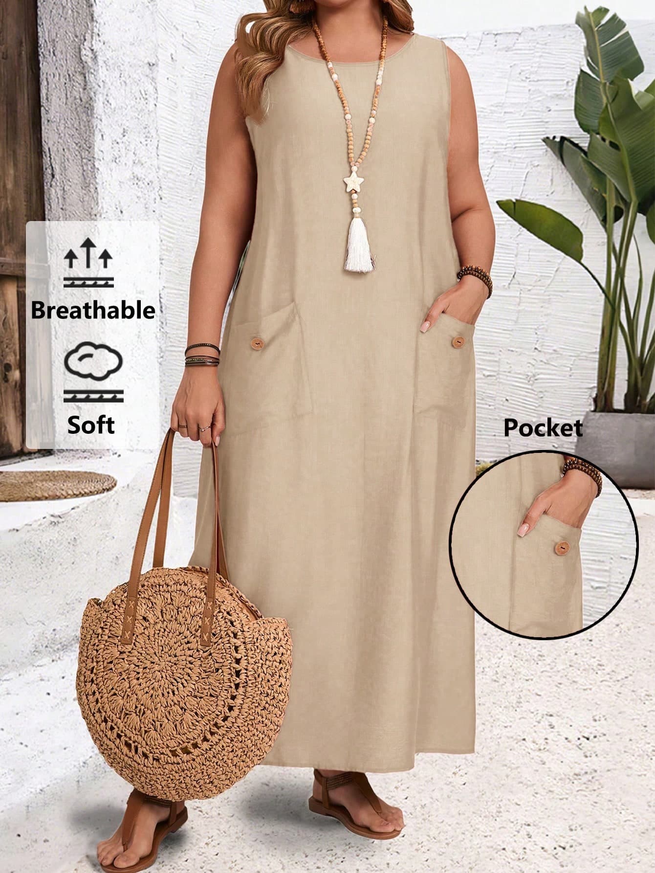 EMERY ROSE Plus Size Women's Summer Solid Color Round Neck Double Pocket Casual Tank Dress